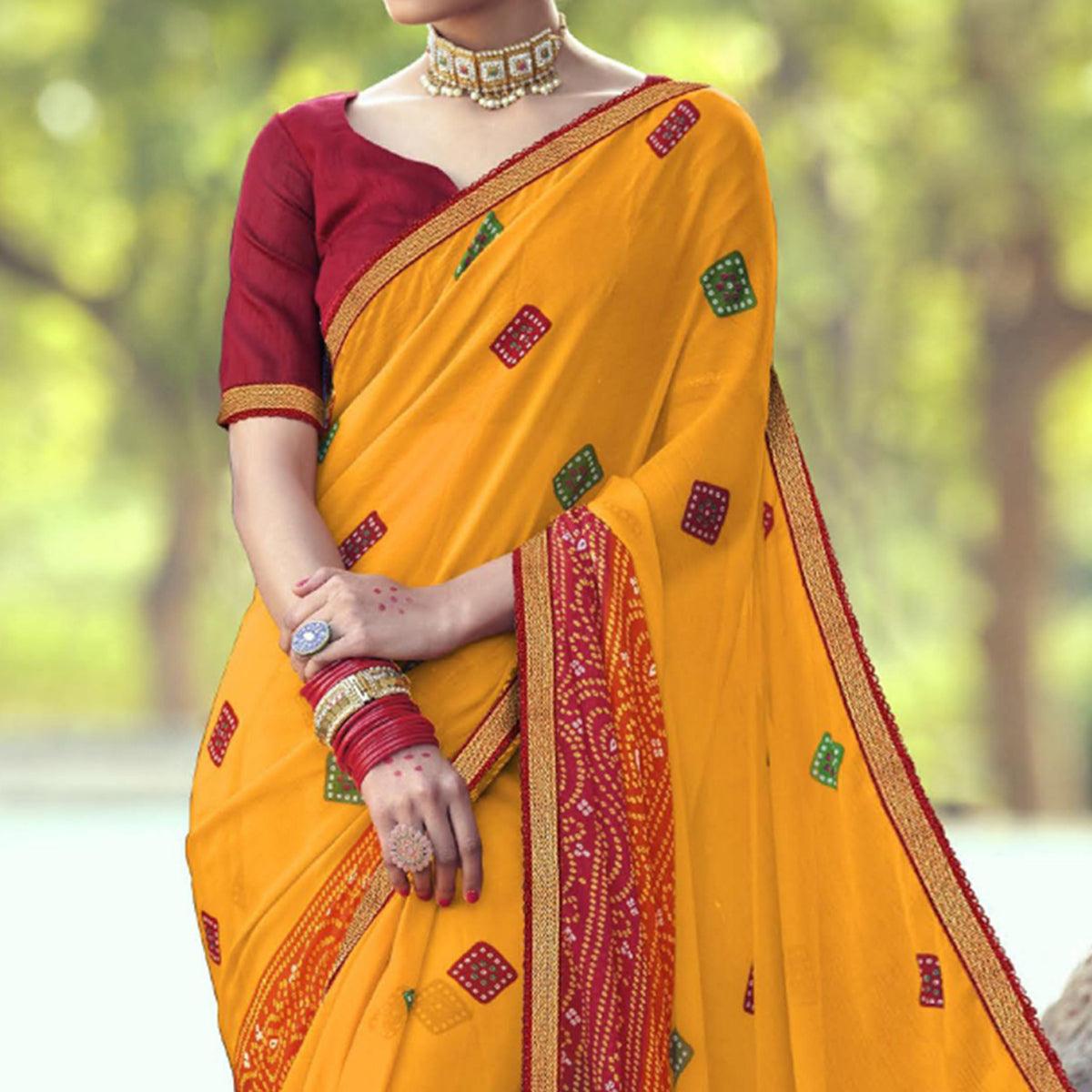 Yellow Bandhani Printed With Fancy Border Chiffon Saree - Peachmode