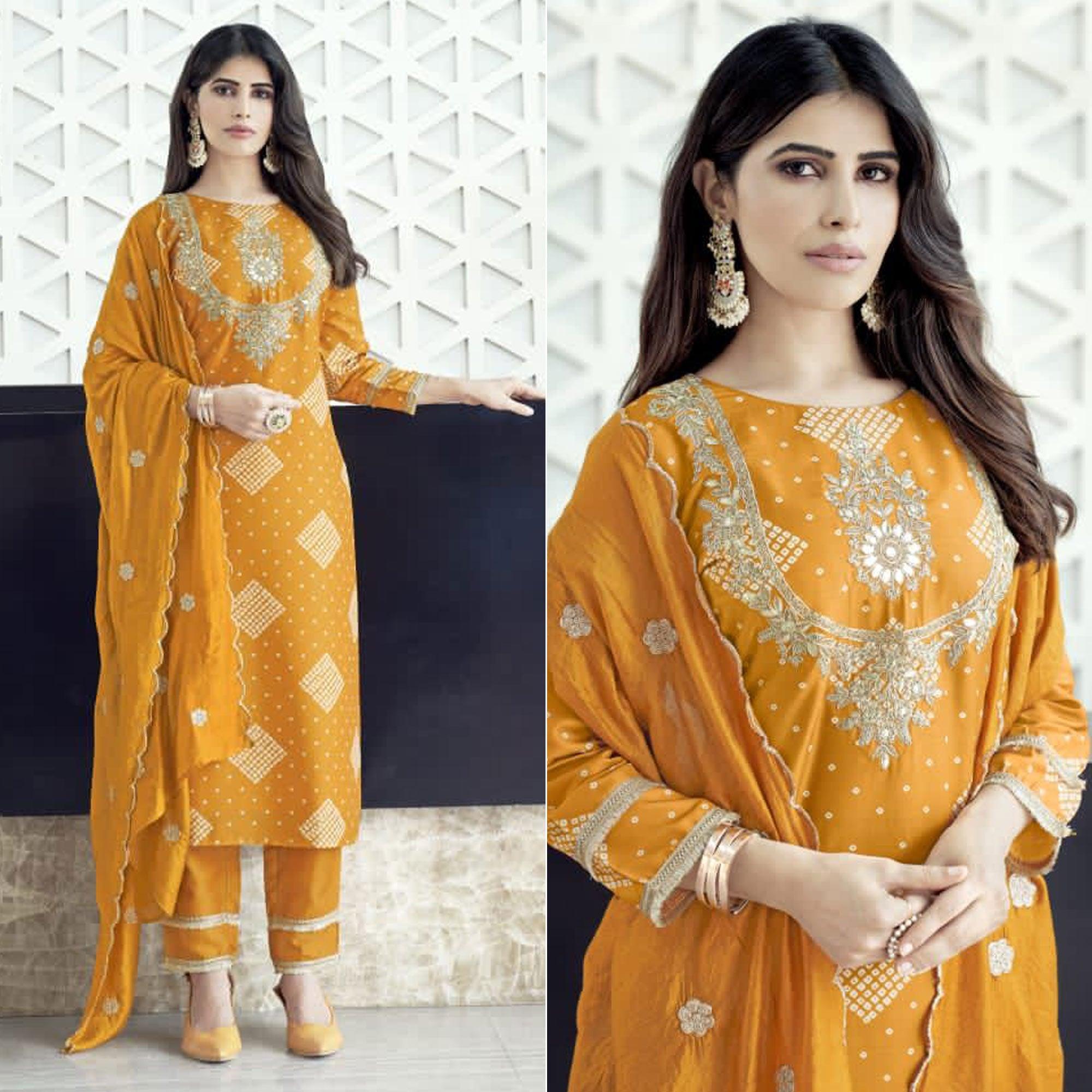 Yellow Bandhani Printed With Gota Patti Muslin Salwar Suit - Peachmode