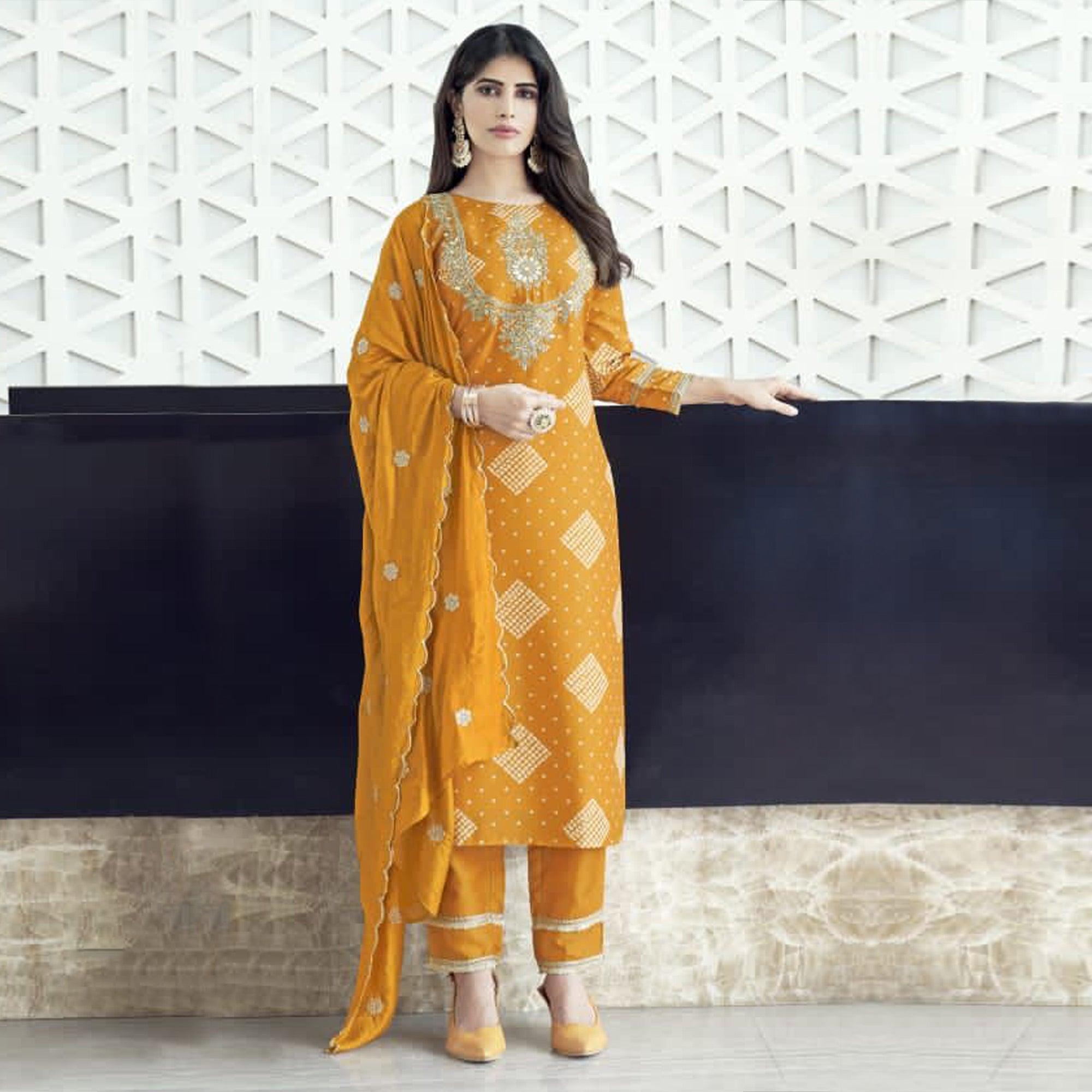 Yellow Bandhani Printed With Gota Patti Muslin Salwar Suit - Peachmode