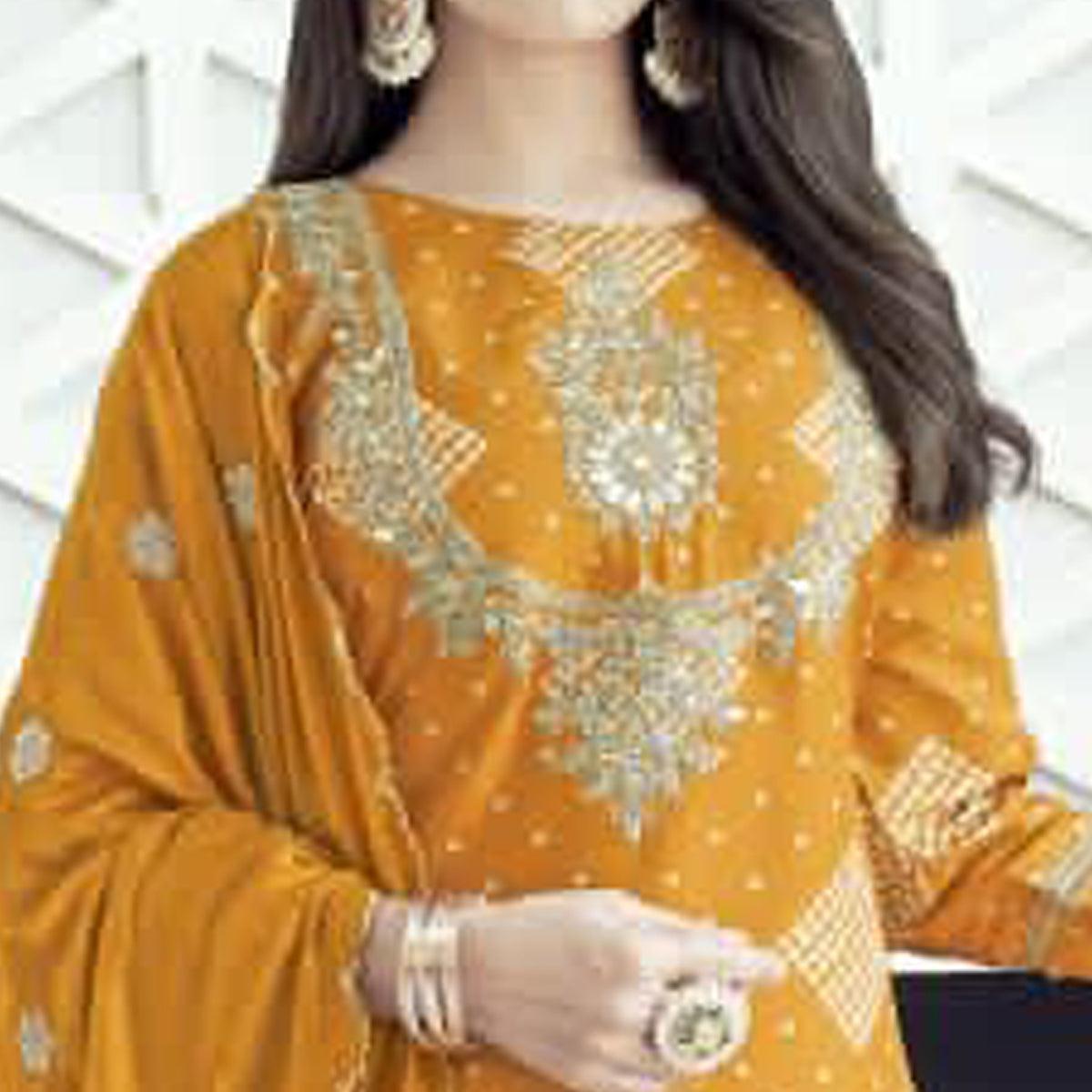 Yellow Bandhani Printed With Gota Patti Muslin Salwar Suit - Peachmode