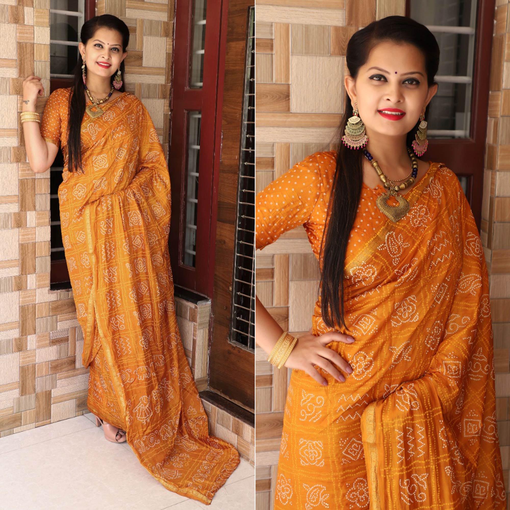 Yellow Bandhani Printed With Woven Border Tapetta Silk Saree - Peachmode