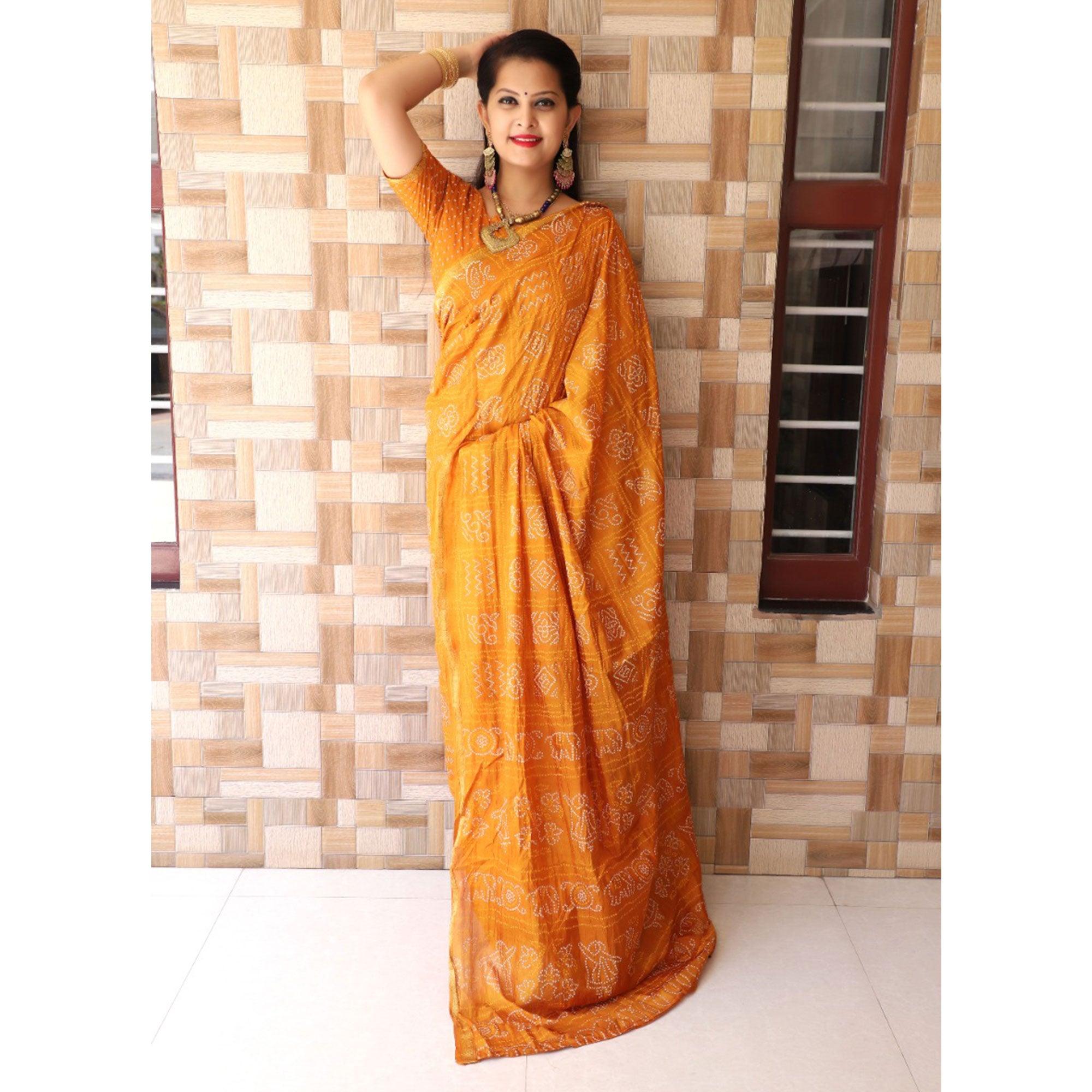 Yellow Bandhani Printed With Woven Border Tapetta Silk Saree - Peachmode