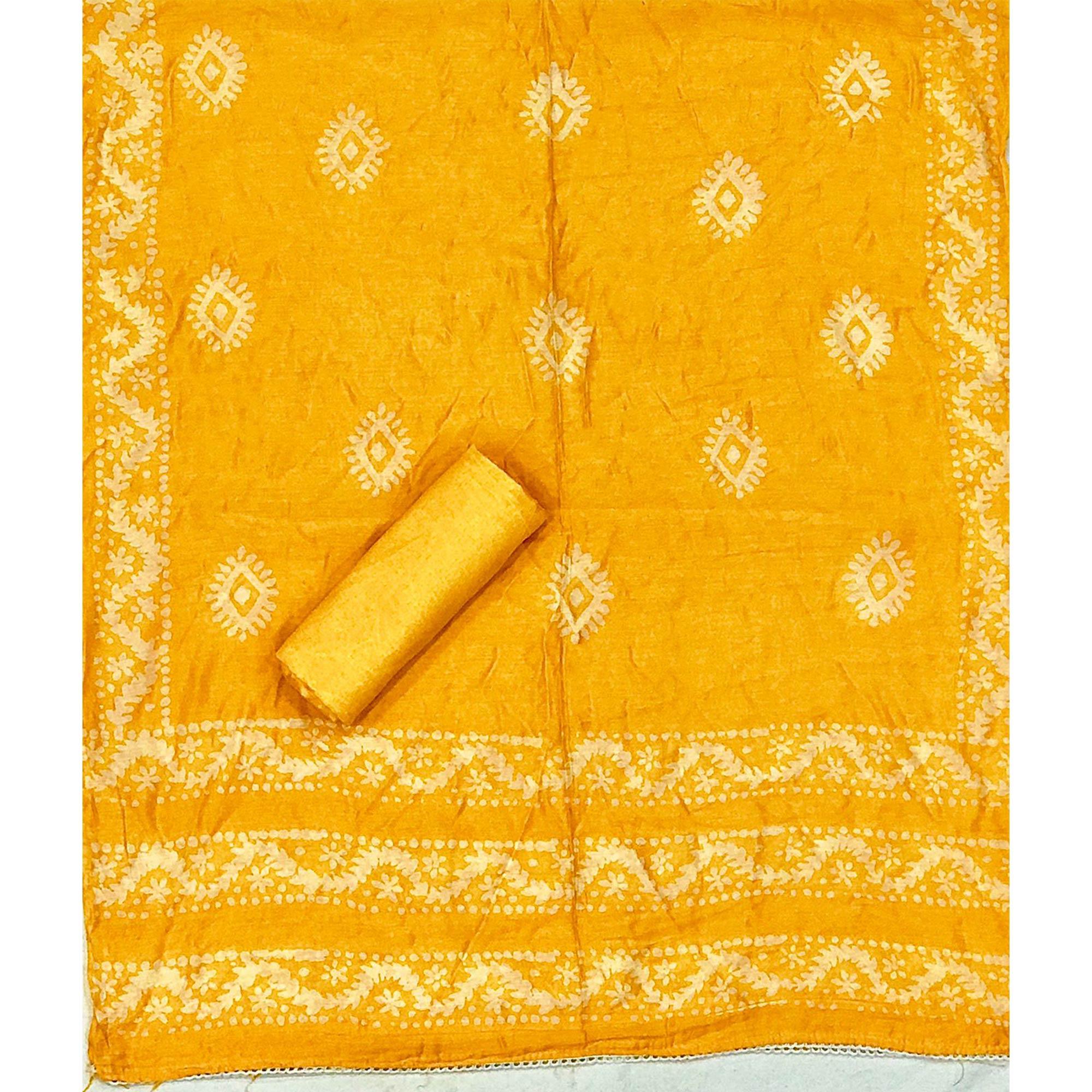 Yellow Batik Printed Chanderi Dress Material - Peachmode