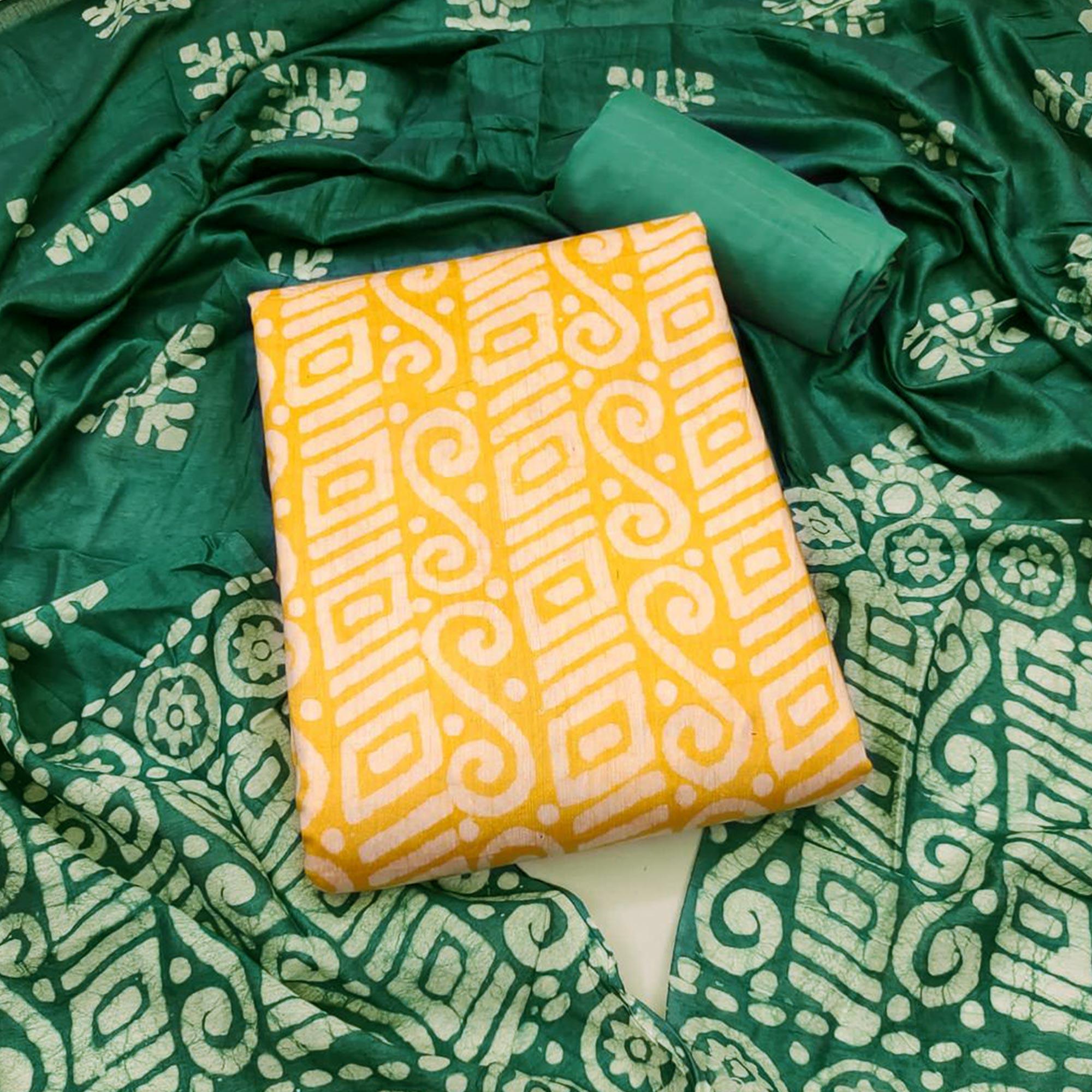 Yellow Batik Printed Poly Cotton Dress Material - Peachmode