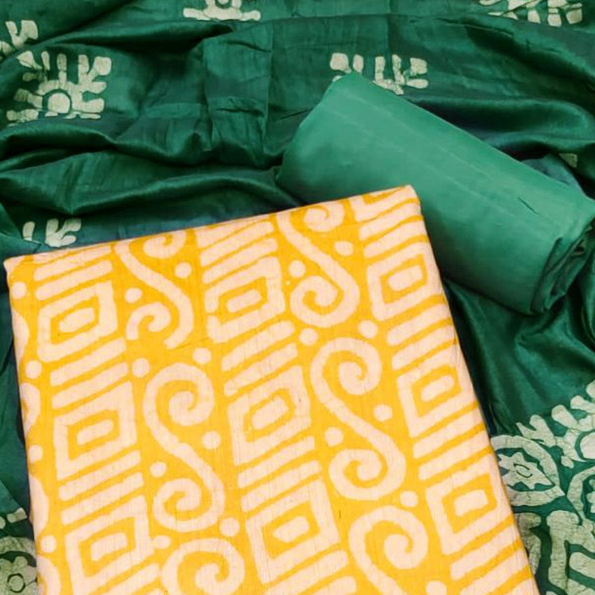 Yellow Batik Printed Poly Cotton Dress Material - Peachmode