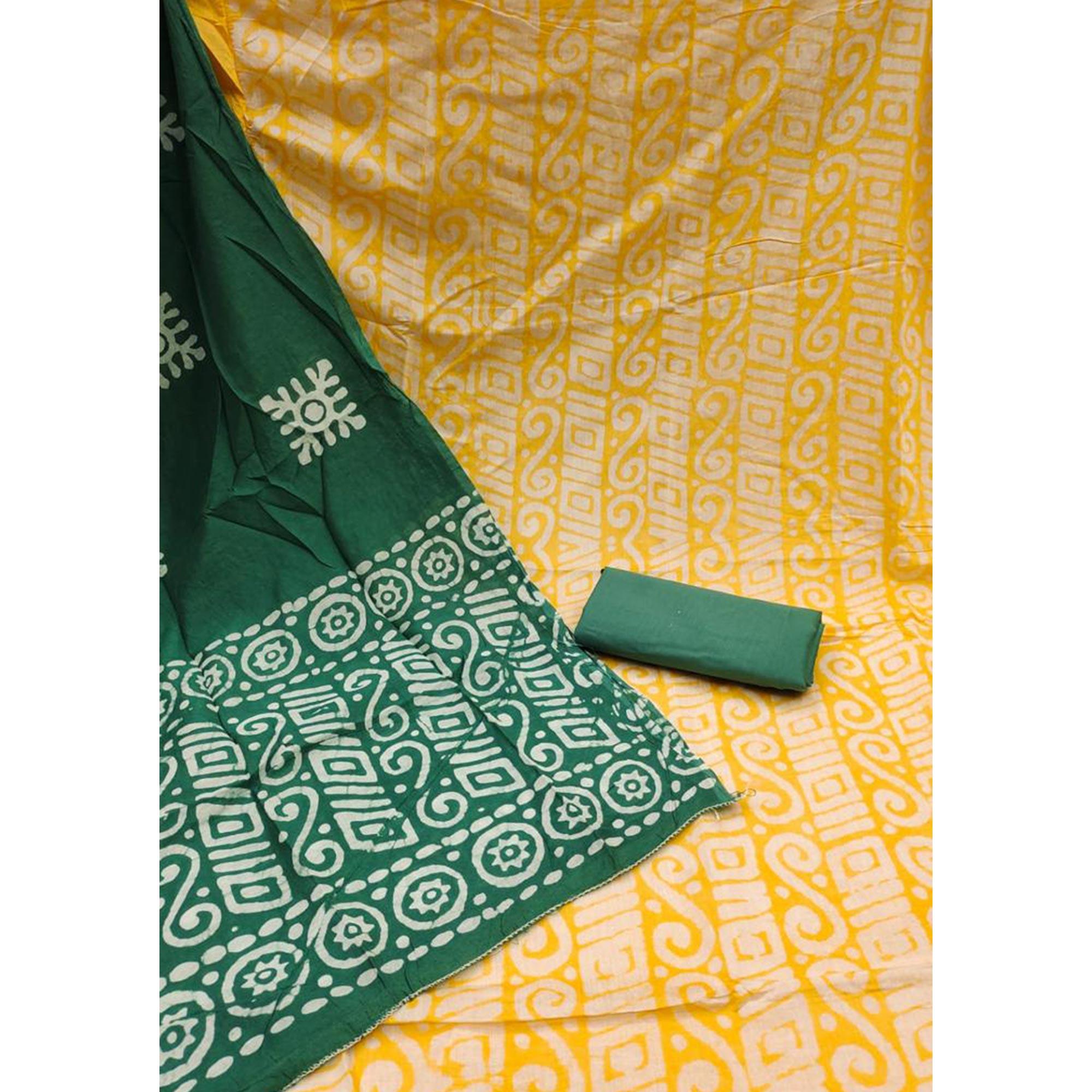 Yellow Batik Printed Poly Cotton Dress Material - Peachmode