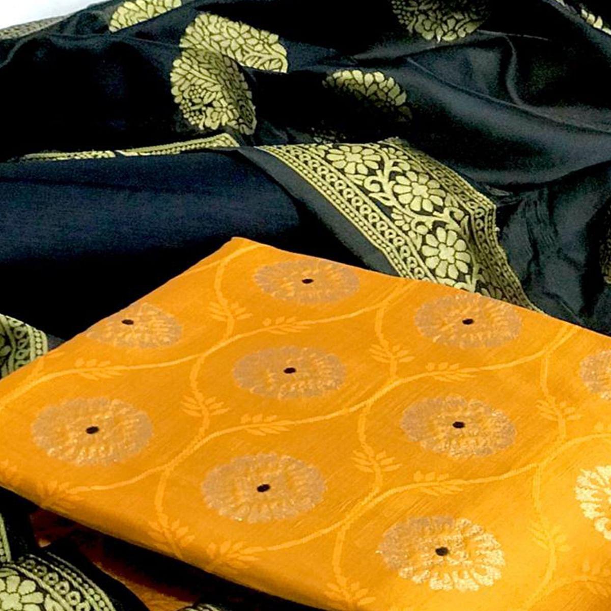 Yellow-Black Festive Wear Woven Banarasi Silk Dress Material - Peachmode