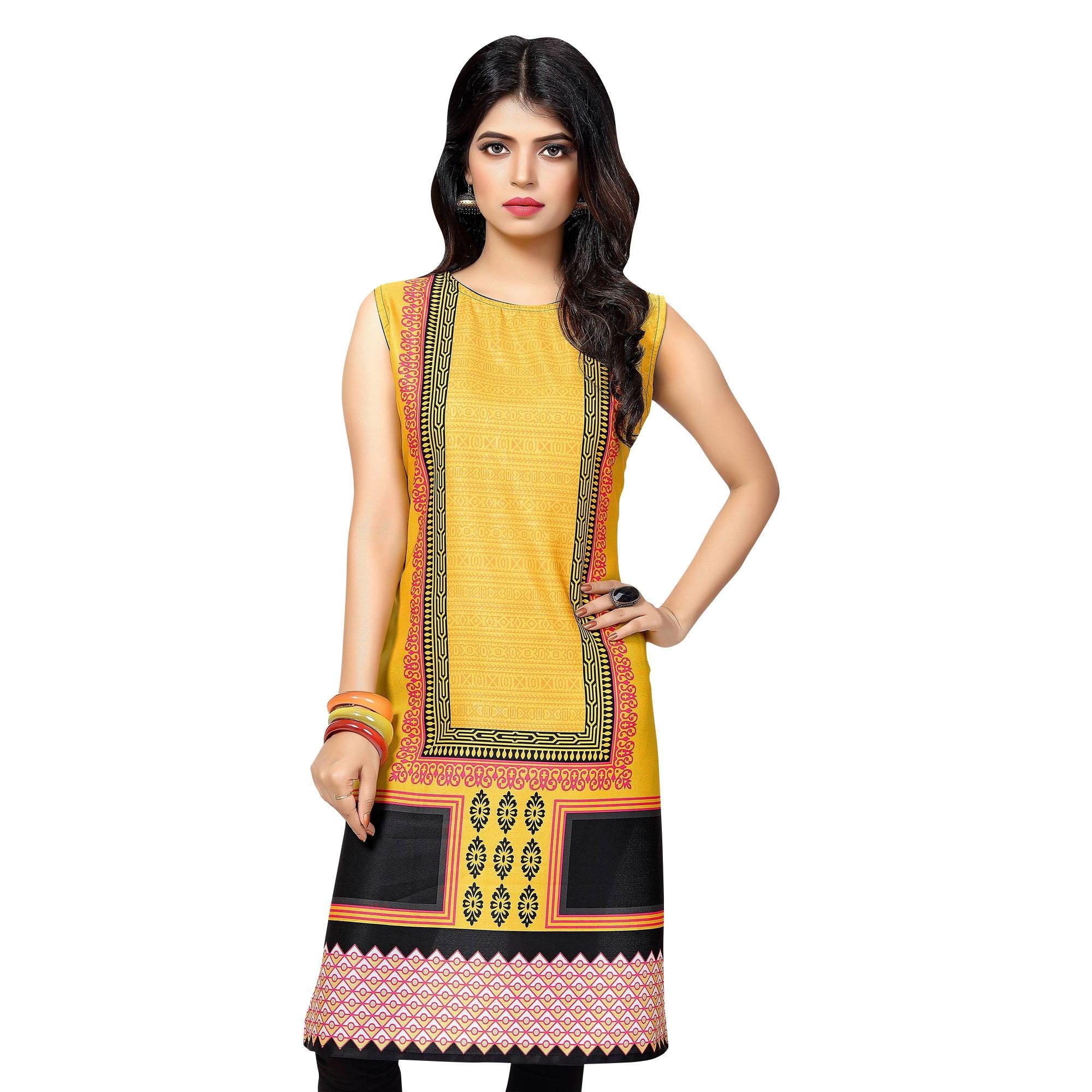 Yellow - Black Printed Stitched Kurti - Peachmode