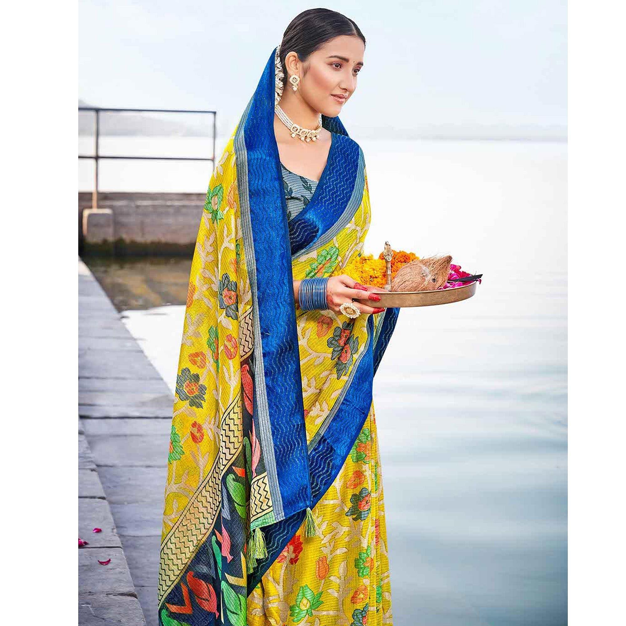 Yellow - Blue Casual Wear Printed Brasso Saree - Peachmode