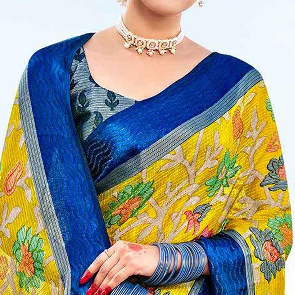 Yellow - Blue Casual Wear Printed Brasso Saree - Peachmode
