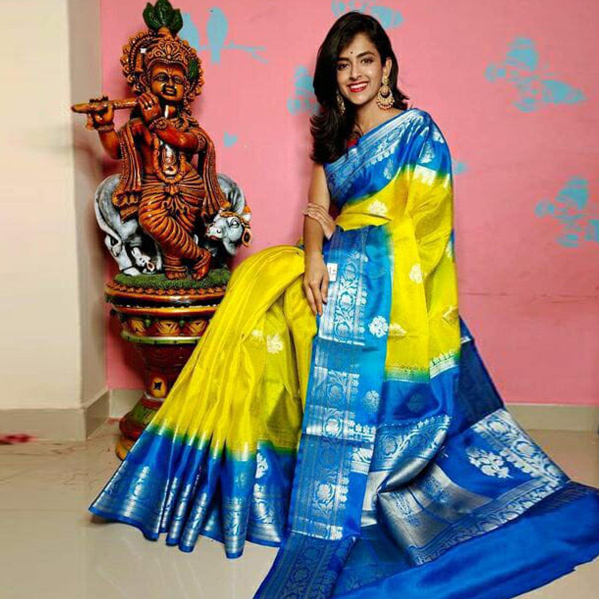 Yellow-Blue Festive Wear Woven Pure Organza Banarasi Saree - Peachmode
