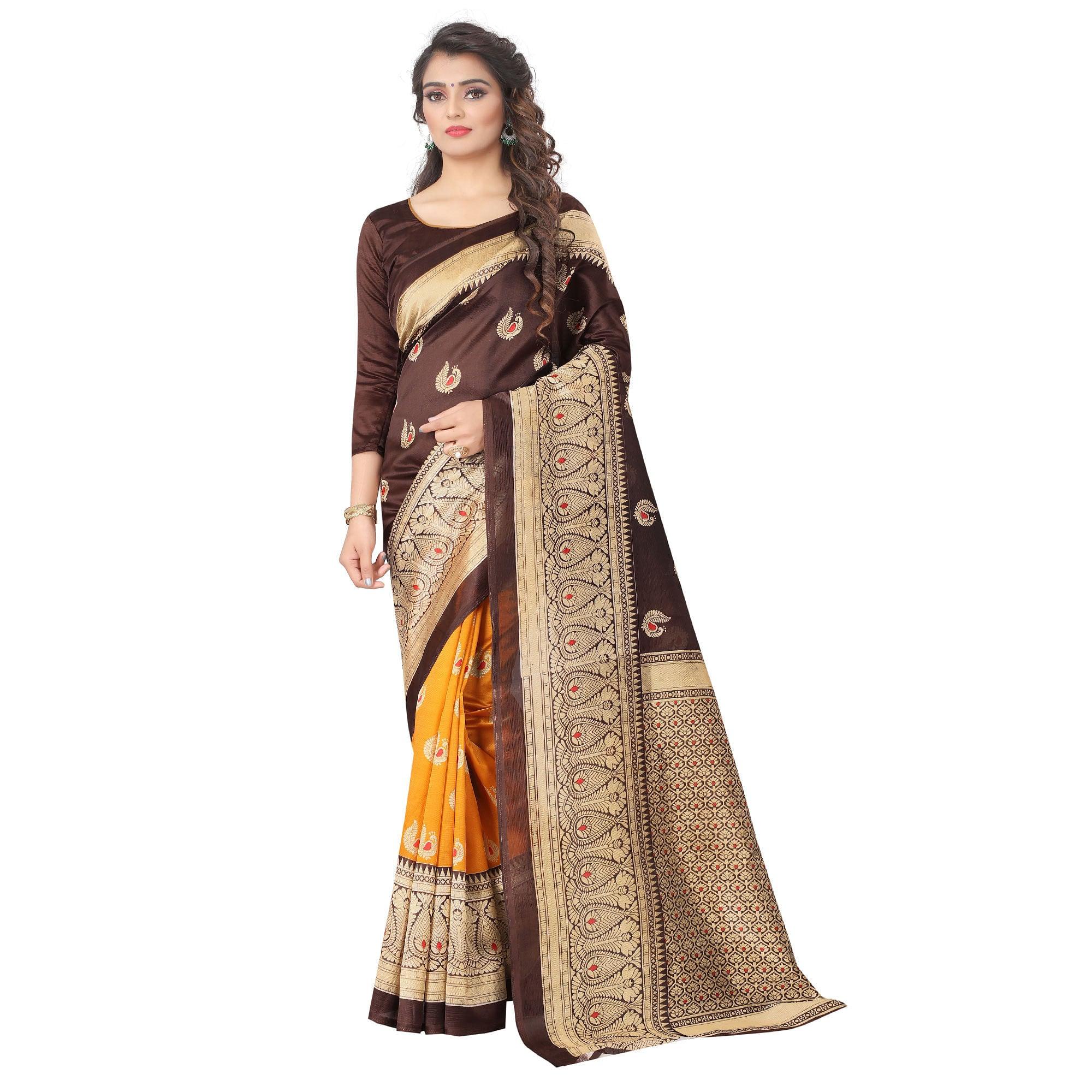 Yellow Brown Casual Wear Printed Half Half Art Silk Saree - Peachmode