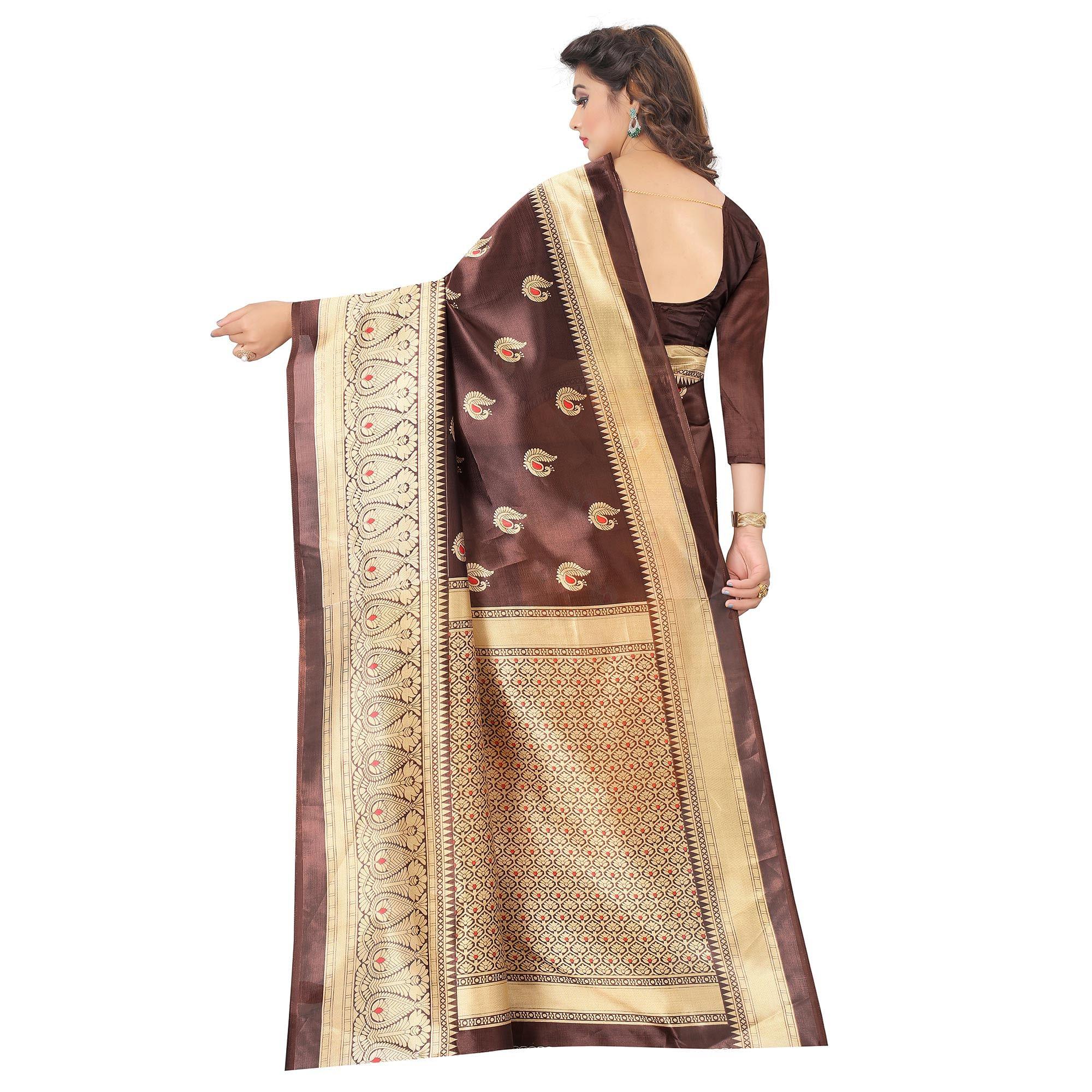 Yellow Brown Casual Wear Printed Half Half Art Silk Saree - Peachmode