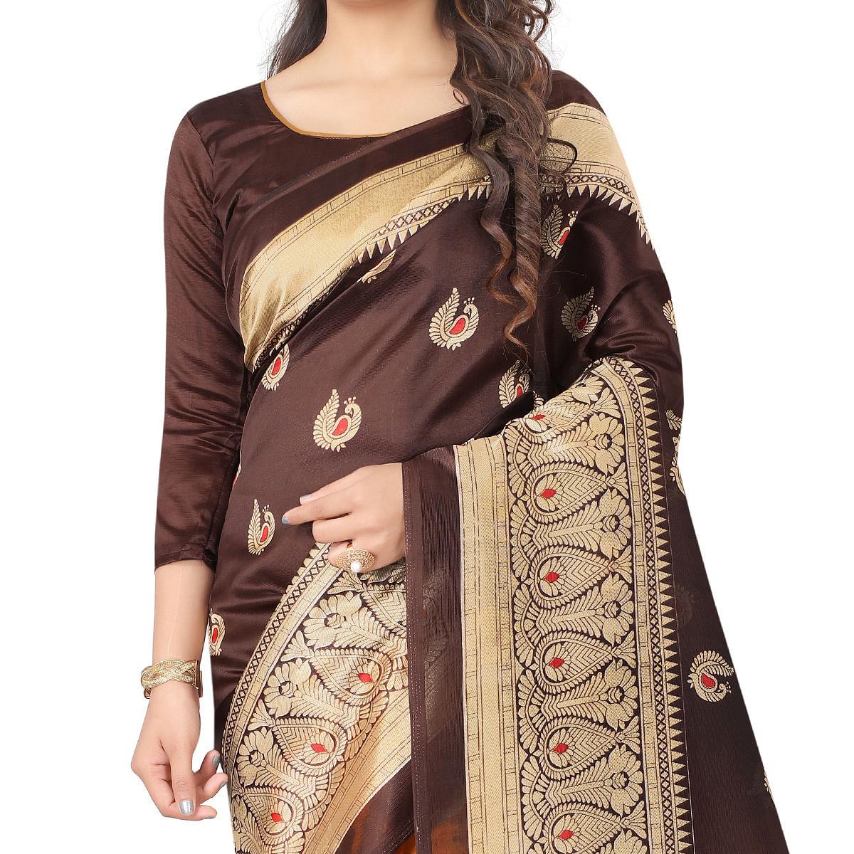 Yellow Brown Casual Wear Printed Half Half Art Silk Saree - Peachmode
