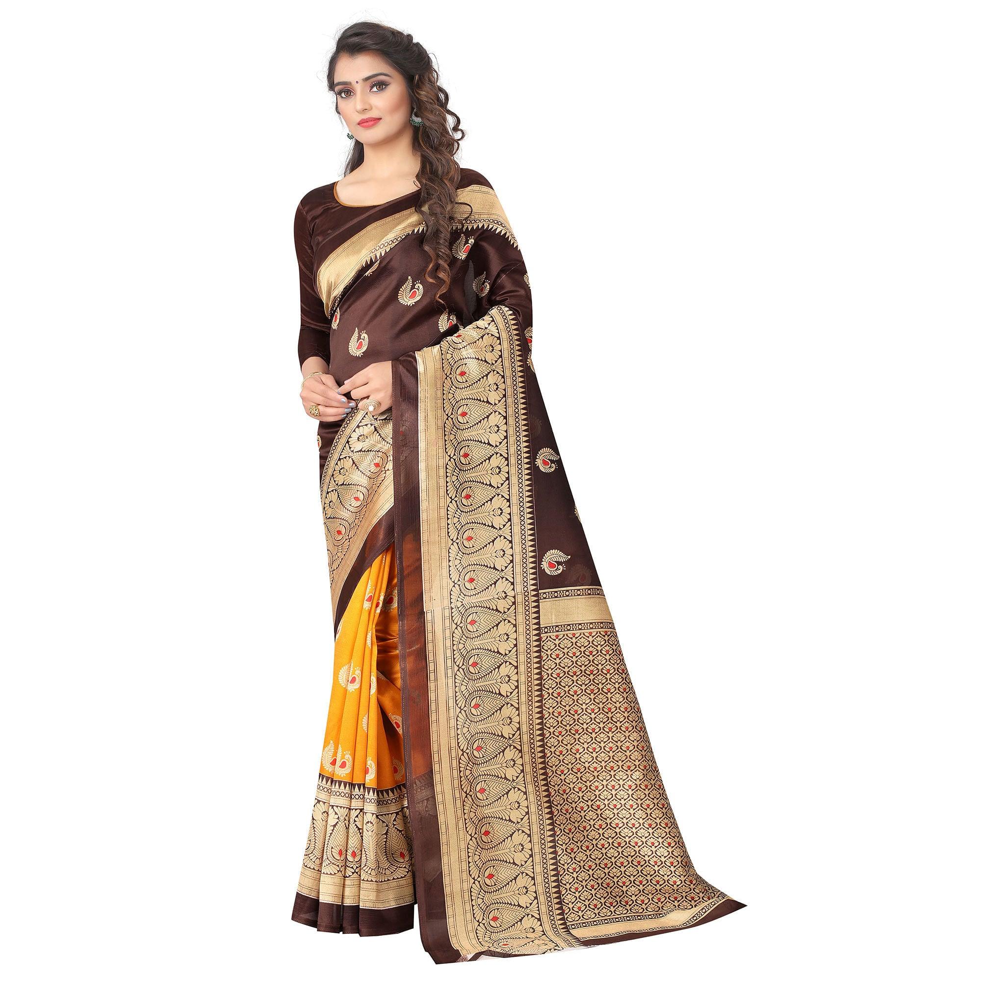Yellow Brown Casual Wear Printed Half Half Art Silk Saree - Peachmode