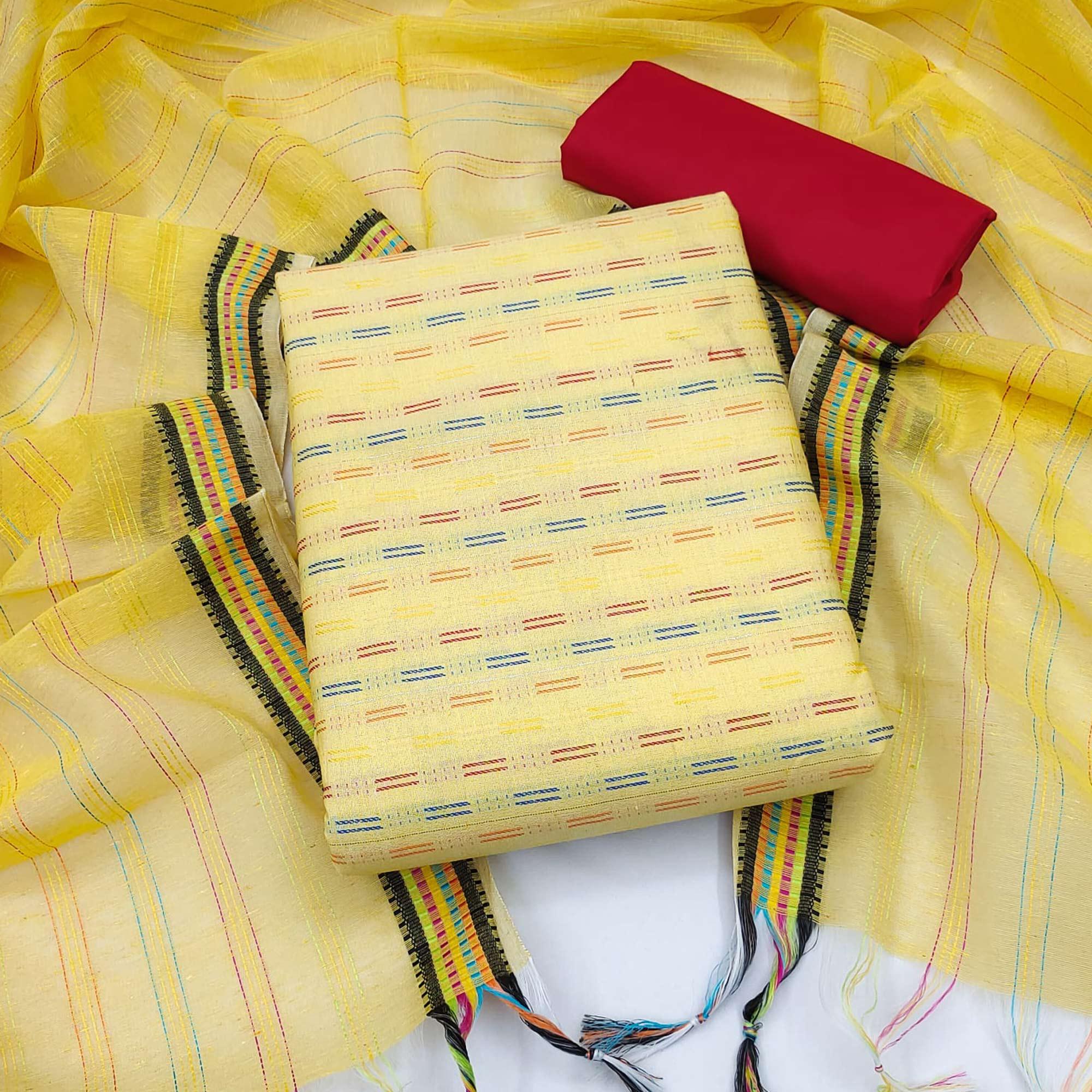 Yellow Butti Embroidered Poly Cotton Dress Material - Peachmode
