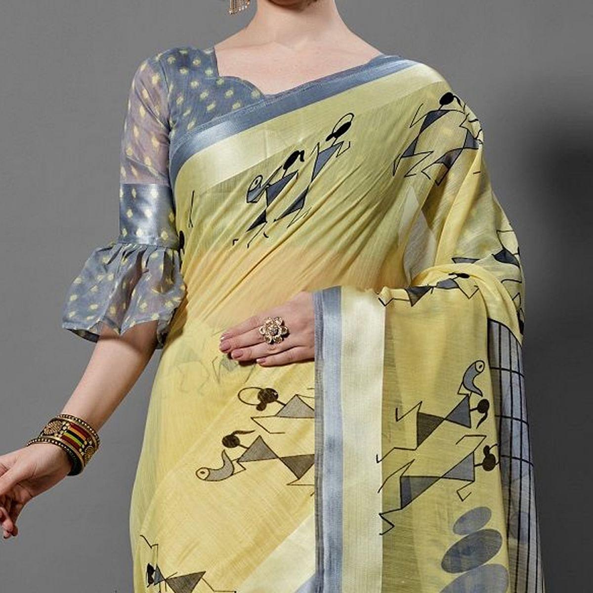 Yellow Casual Linen Printed Saree With Unstitched Blouse - Peachmode