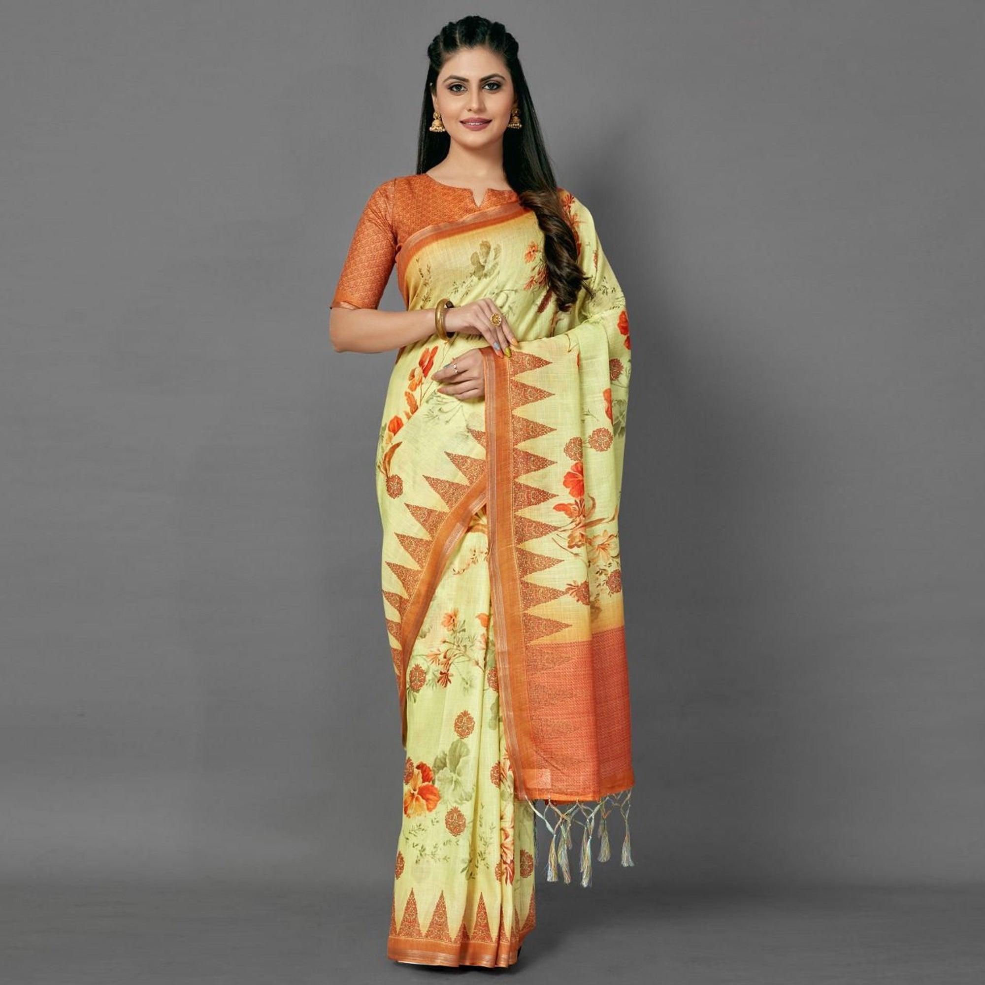 Yellow Casual Pure Linen Digital Print Saree With Unstitched Blouse - Peachmode