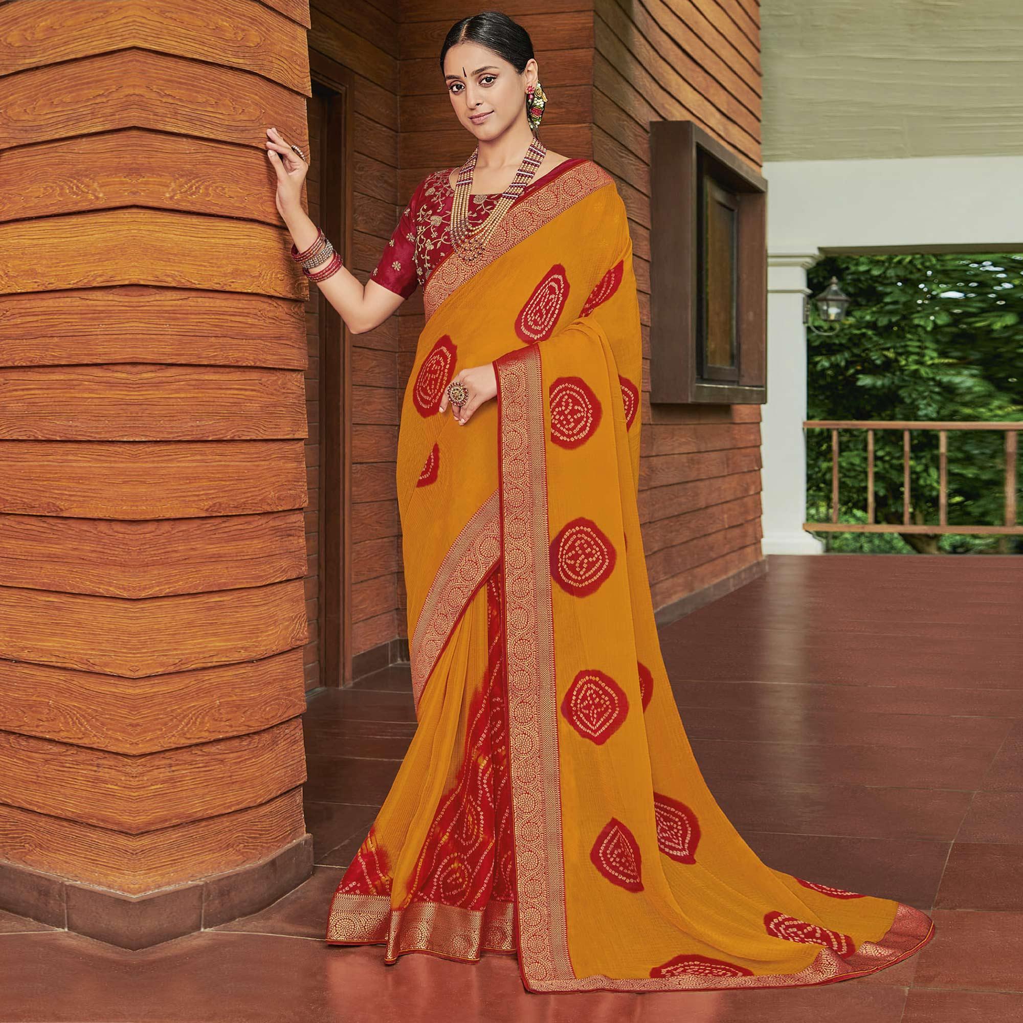 Yellow Casual Wear Bandhani Printed Chiffon Saree - Peachmode