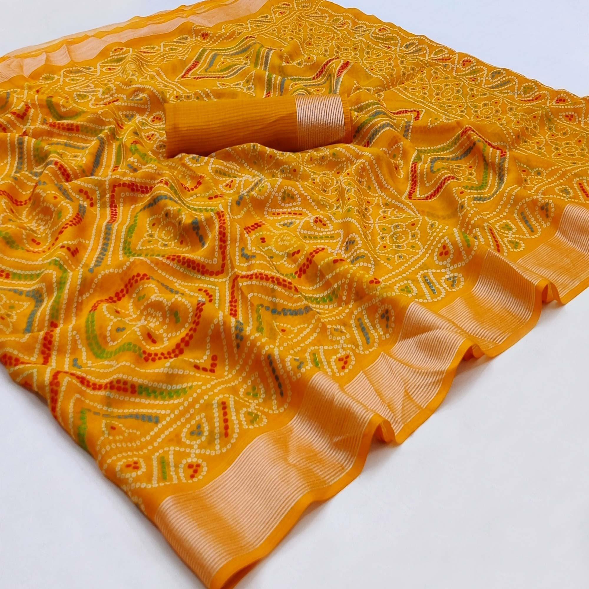 Yellow Casual Wear Bandhani Printed Chiffon Saree - Peachmode