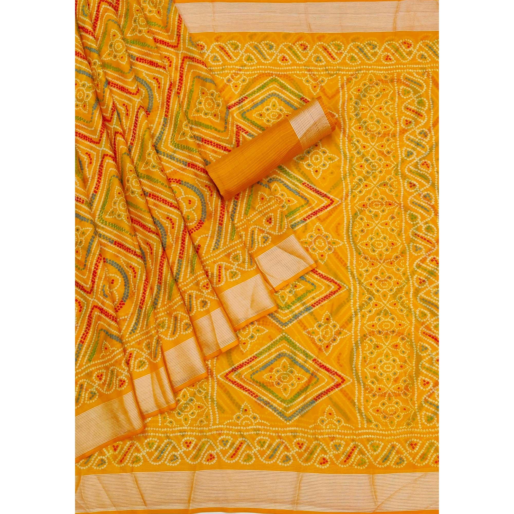 Yellow Casual Wear Bandhani Printed Chiffon Saree - Peachmode