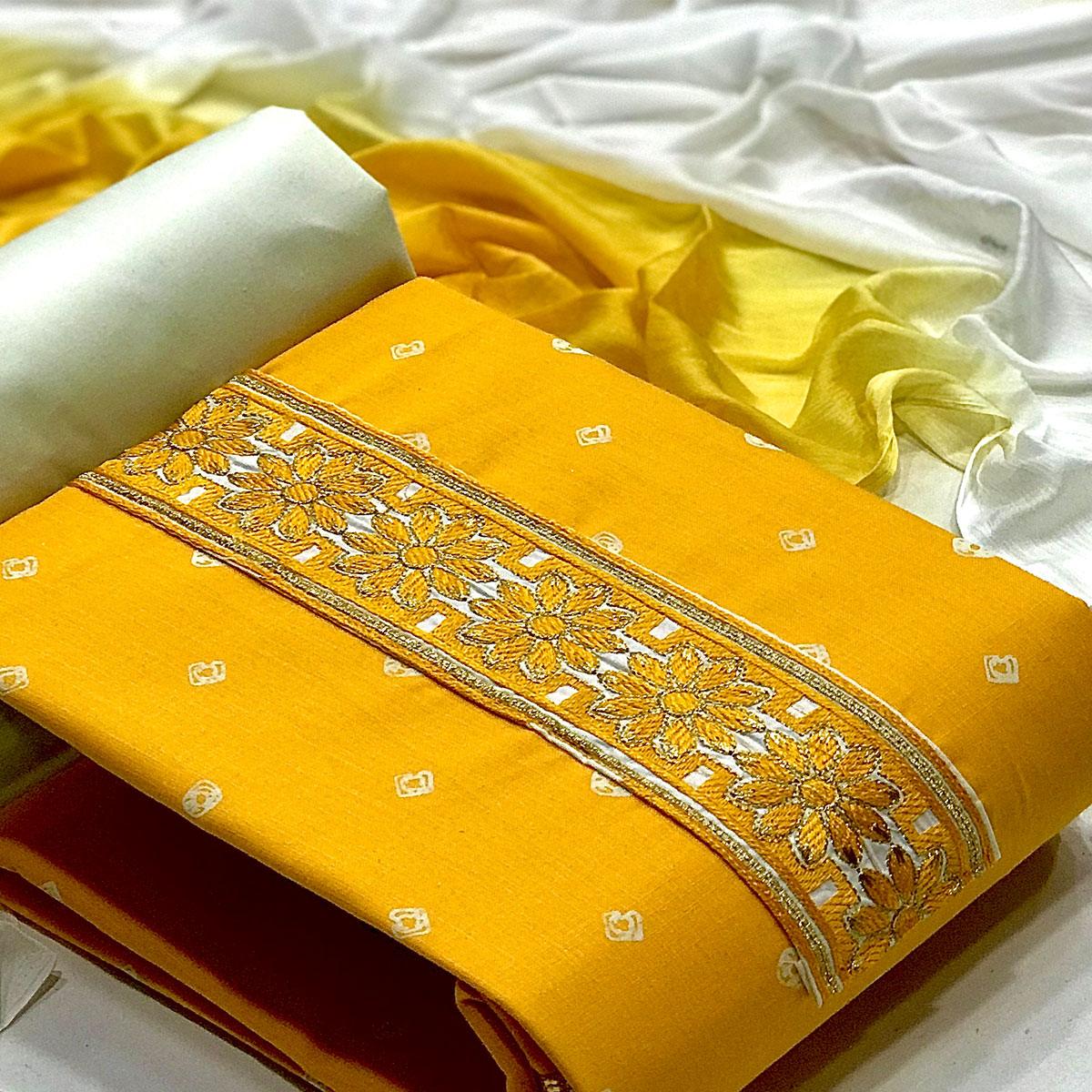 Yellow Casual Wear Bandhani Printed Cotton Dress Material - Peachmode