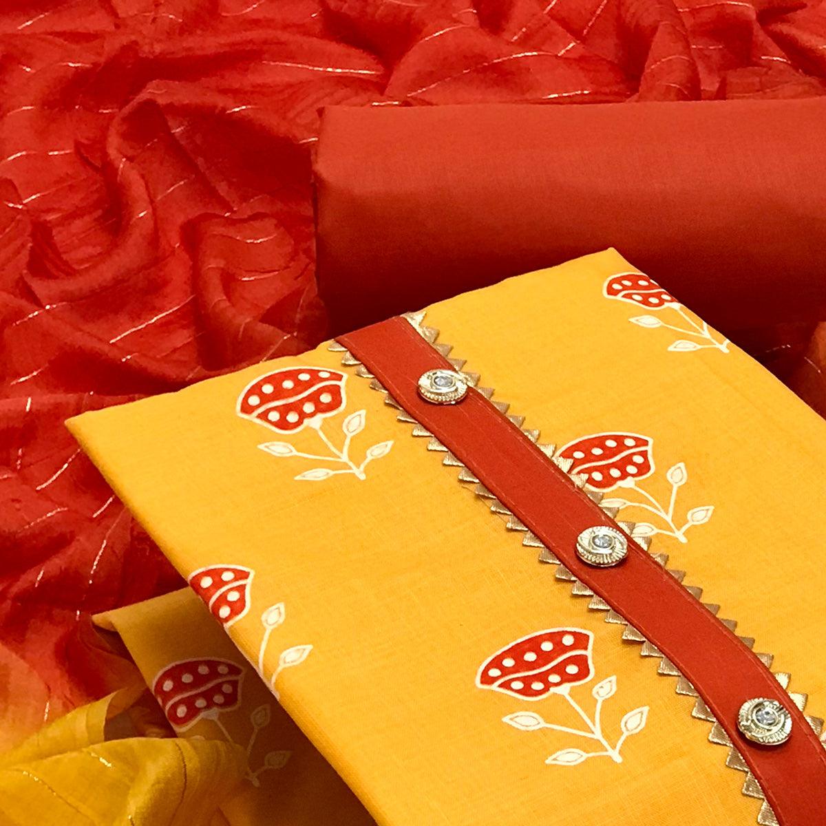 Yellow Casual Wear Block Printed Cotton Dress Material - Peachmode