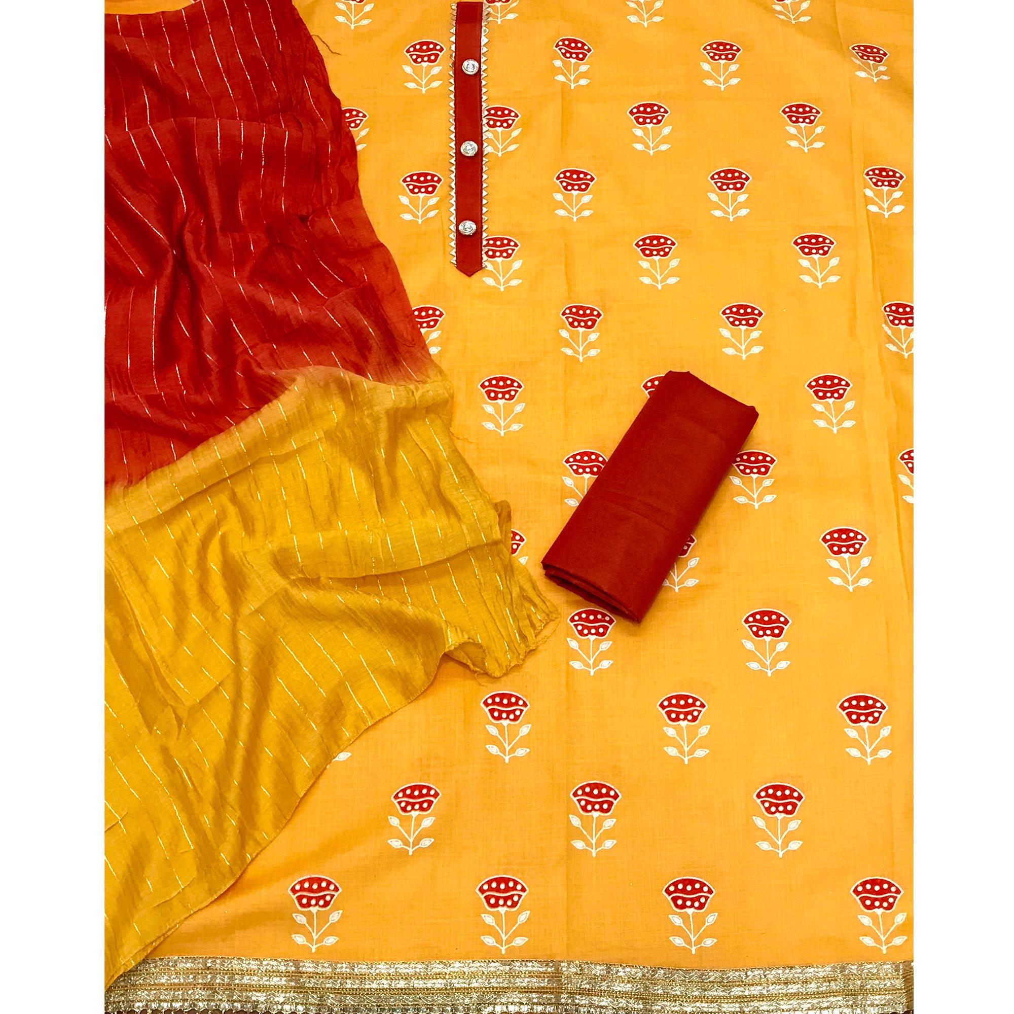 Yellow Casual Wear Block Printed Cotton Dress Material - Peachmode