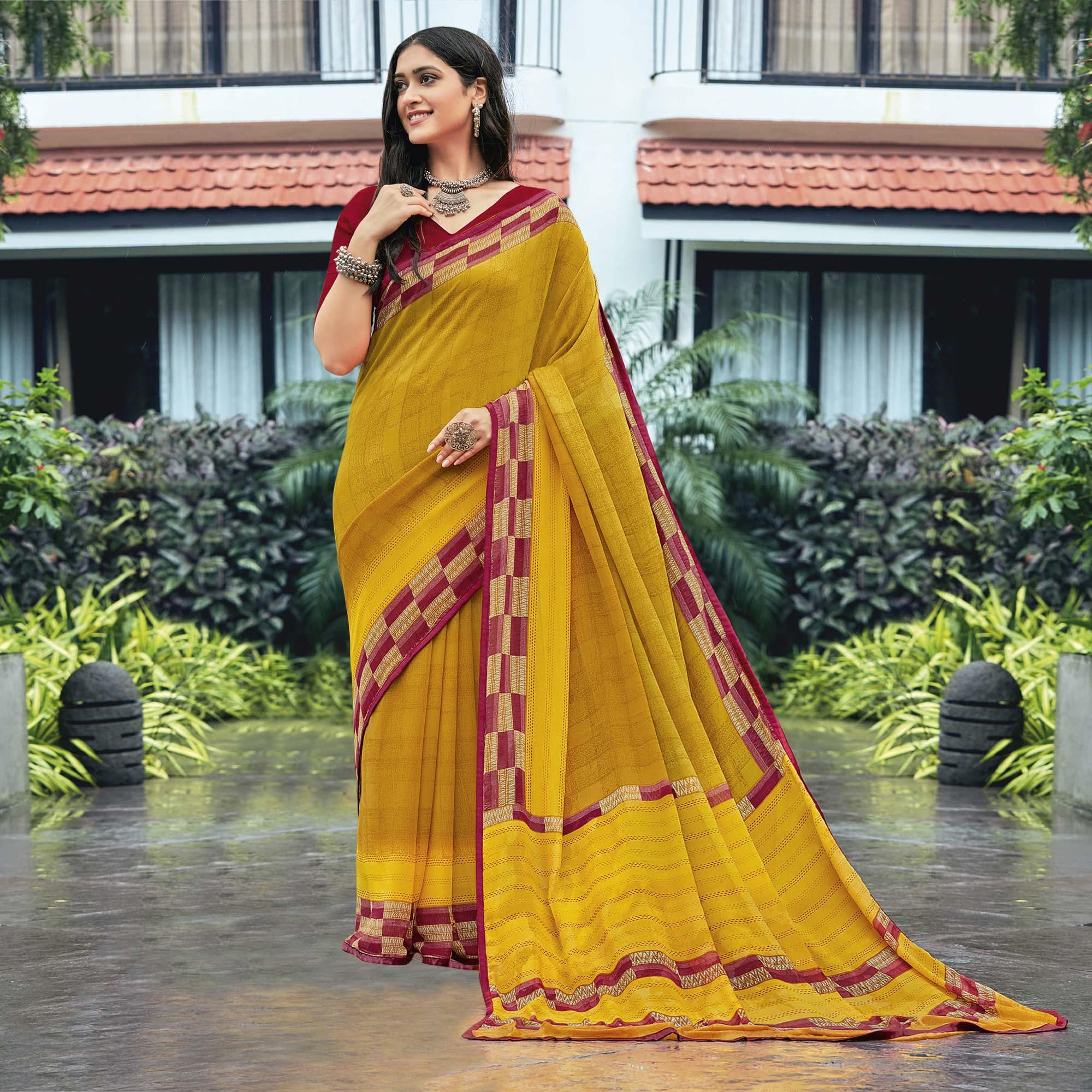 Yellow Casual Wear Checks Printed Georgette Saree - Peachmode