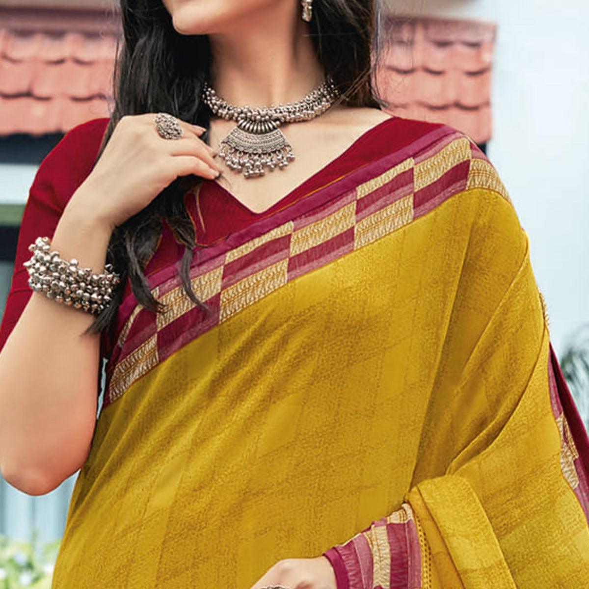 Yellow Casual Wear Checks Printed Georgette Saree - Peachmode