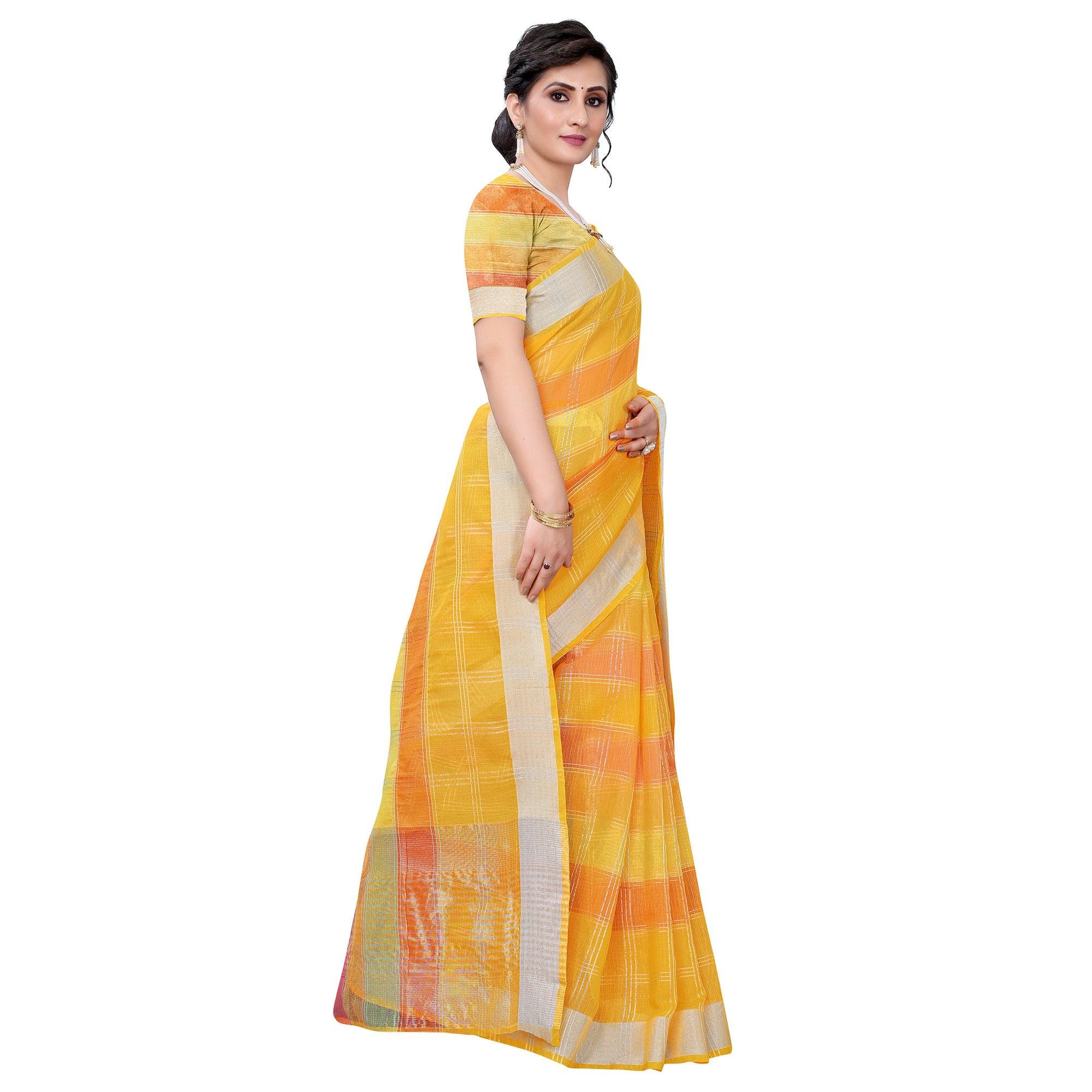 Yellow Casual Wear Checks Printed Silk Saree With Border - Peachmode