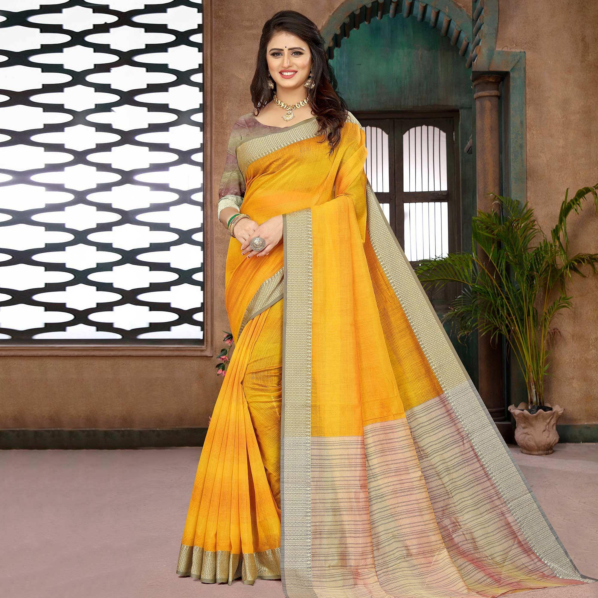 Yellow Casual Wear Cotton Saree With Woven Border - Peachmode