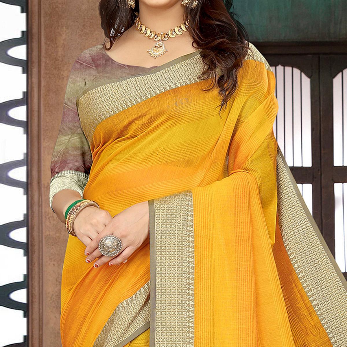 Yellow Casual Wear Cotton Saree With Woven Border - Peachmode