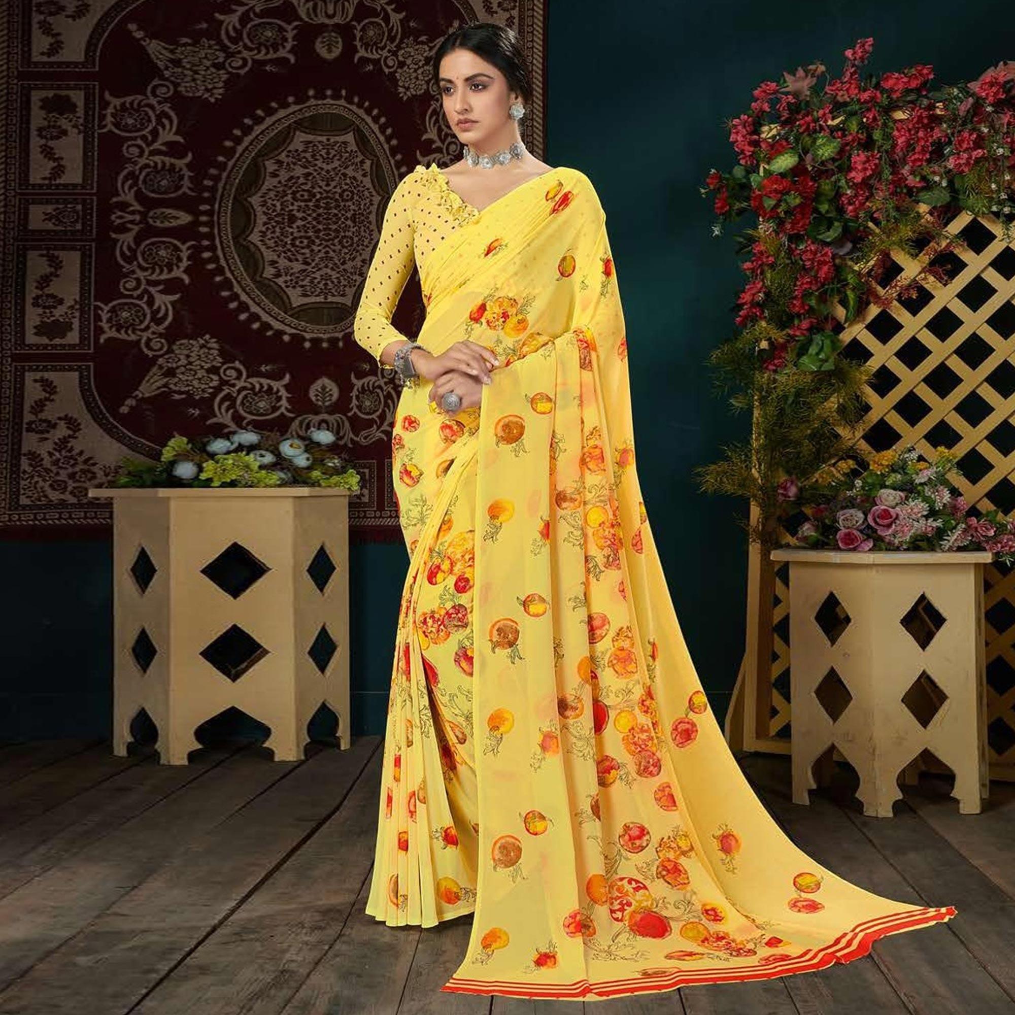 Yellow Casual Wear Digital Printed Georgette Saree - Peachmode