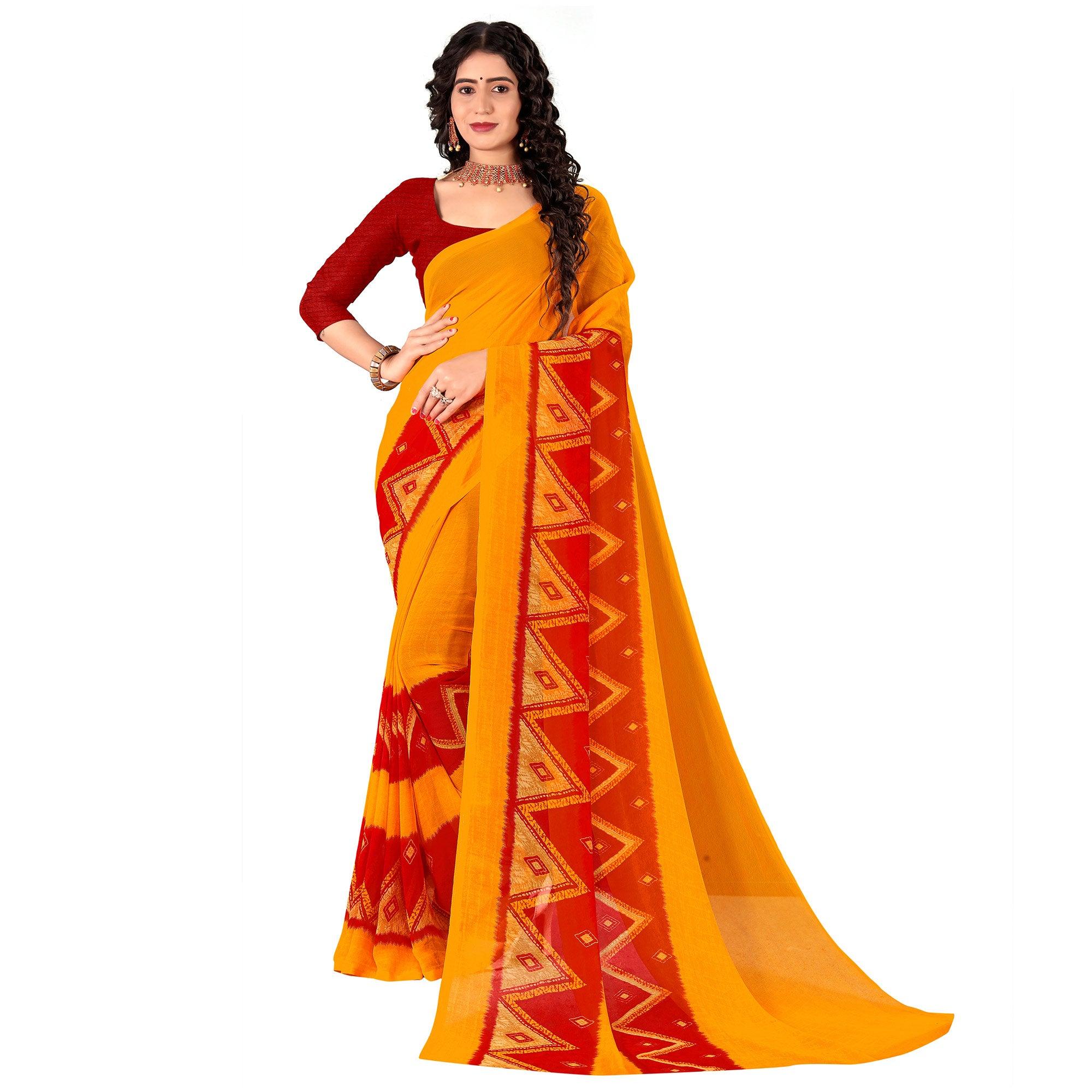 Yellow Casual Wear Digital Printed Heavy Georgette Saree - Peachmode