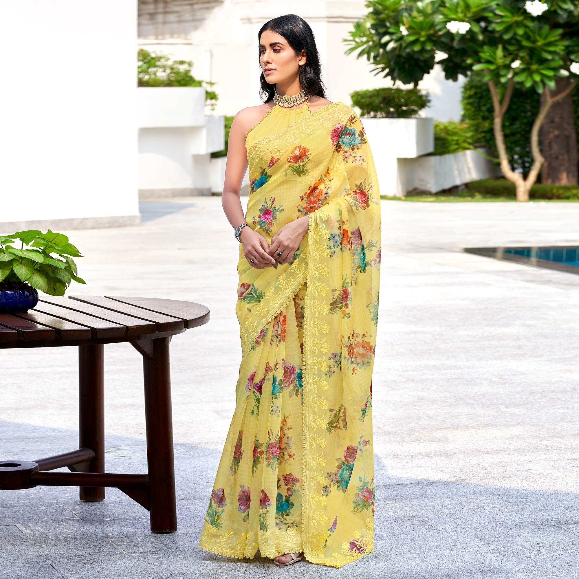 Yellow Casual Wear Digital Printed Organza Saree - Peachmode