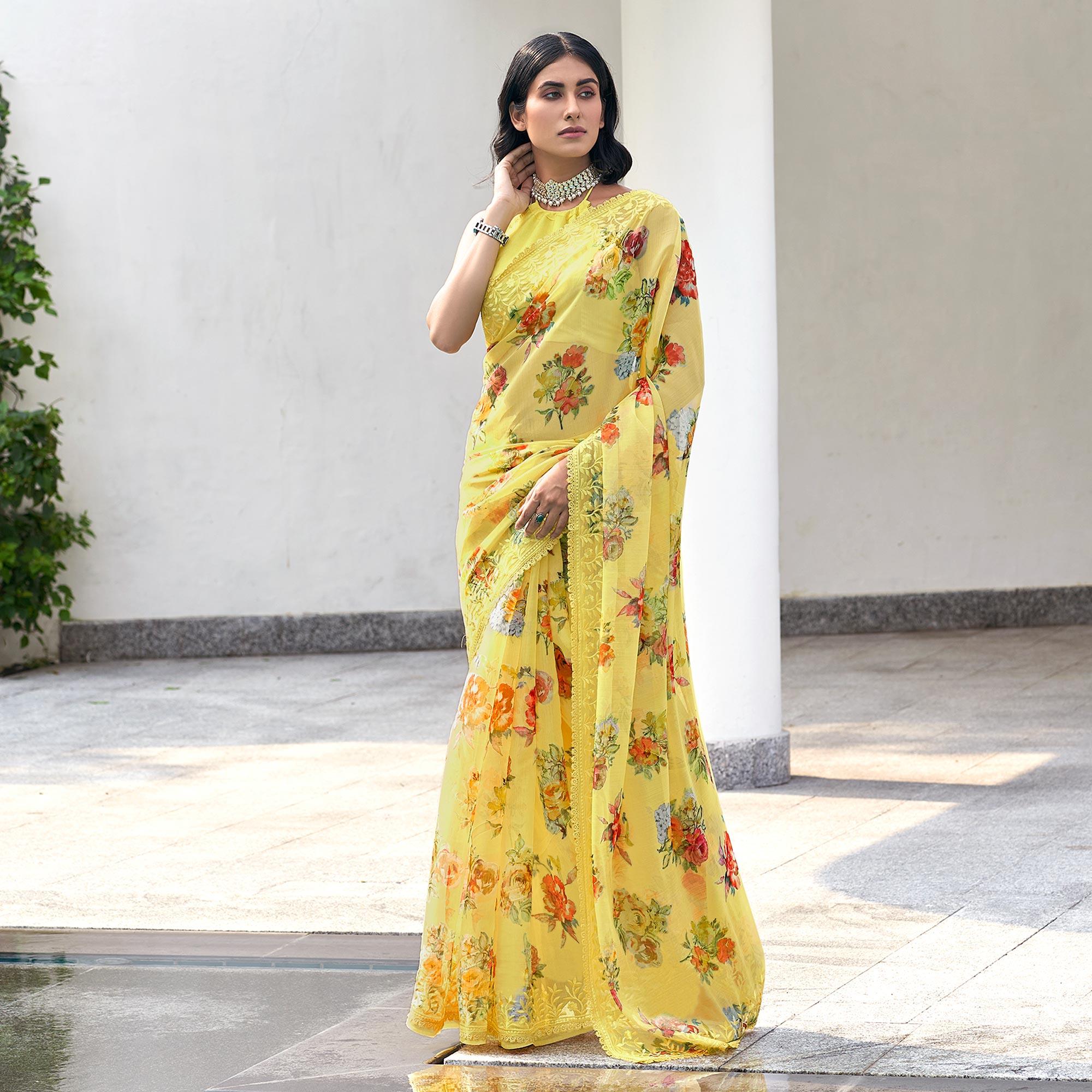 Yellow Casual Wear Digital Printed Organza Saree - Peachmode