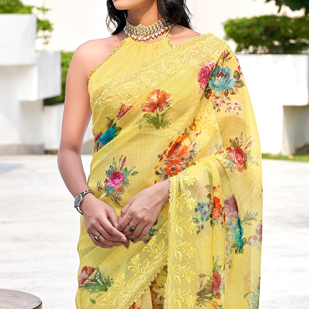 Yellow Casual Wear Digital Printed Organza Saree - Peachmode