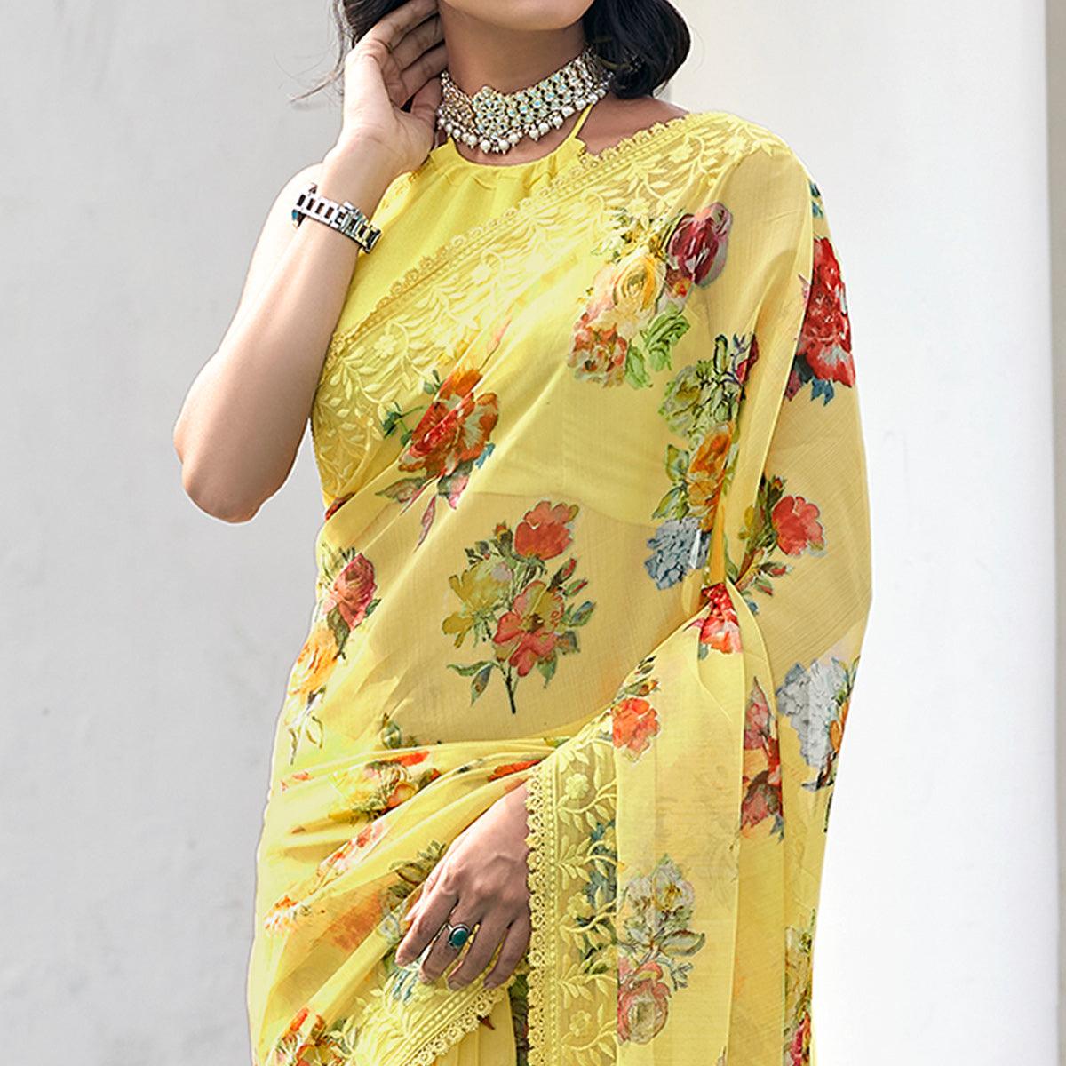 Yellow Casual Wear Digital Printed Organza Saree - Peachmode