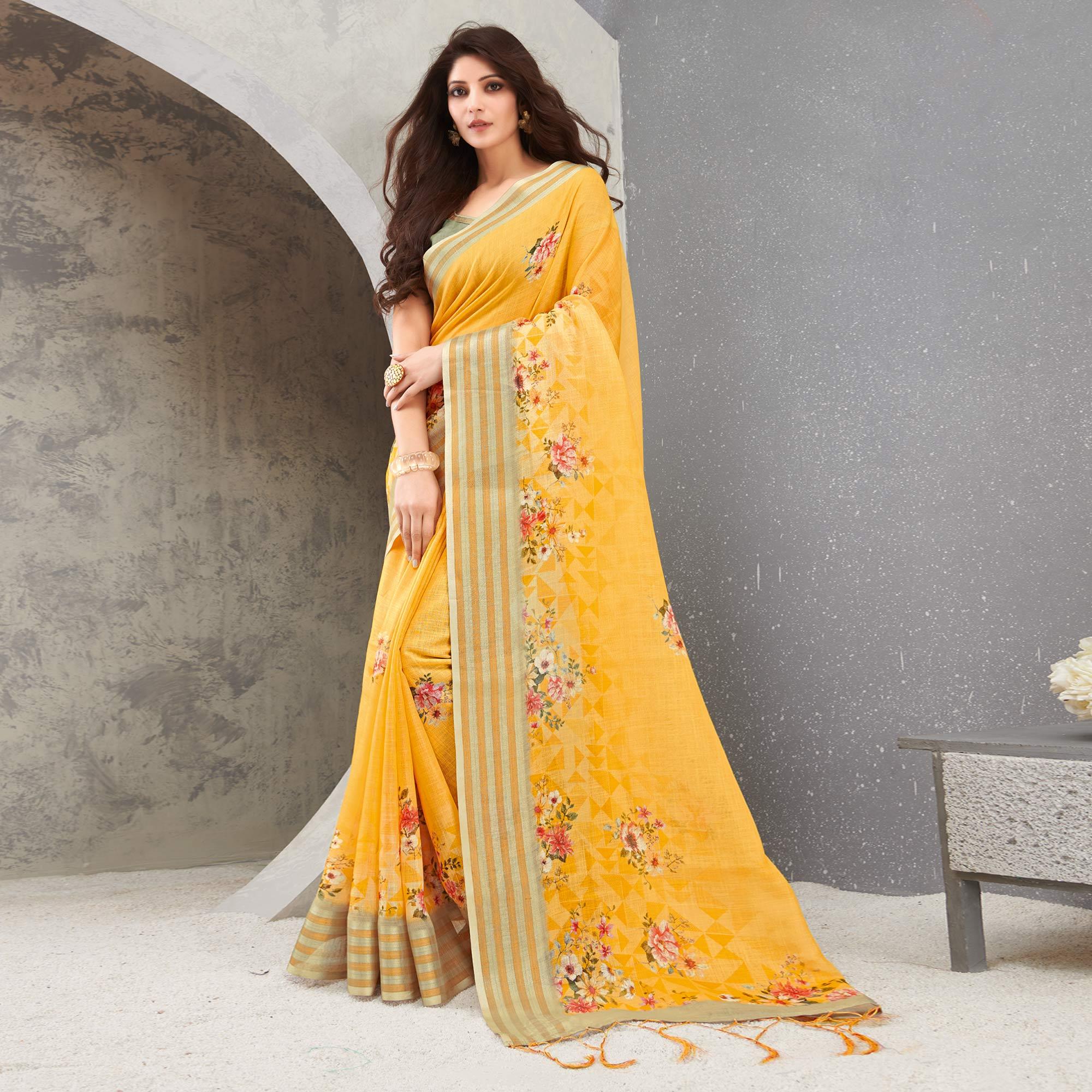 Yellow Casual Wear Digital Printed Pure Linen Saree - Peachmode