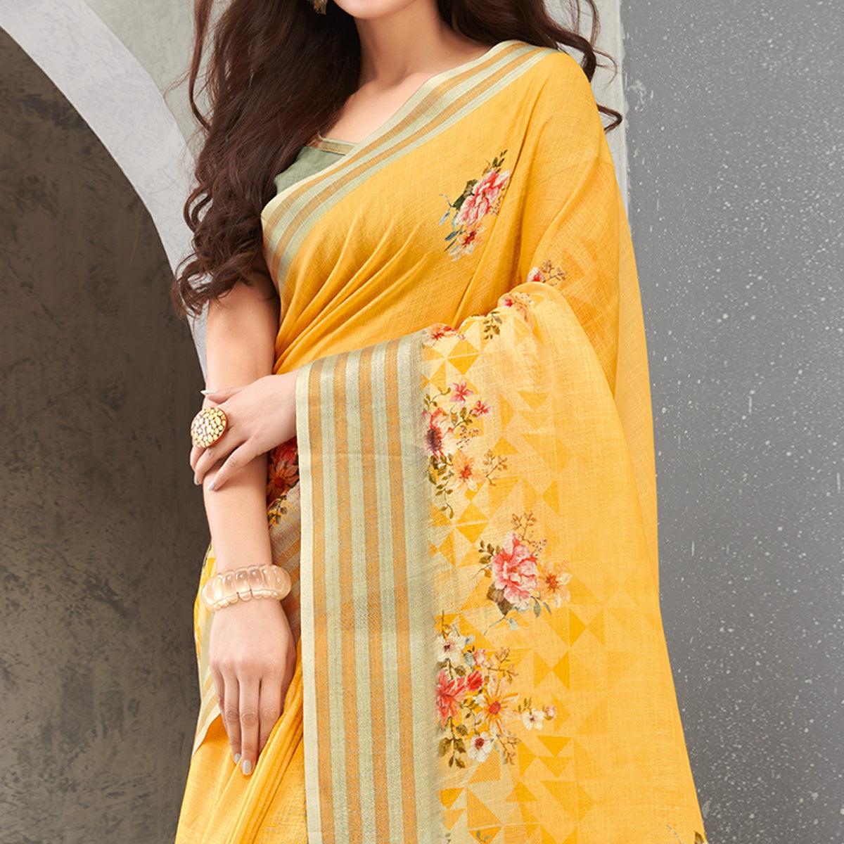 Yellow Casual Wear Digital Printed Pure Linen Saree - Peachmode
