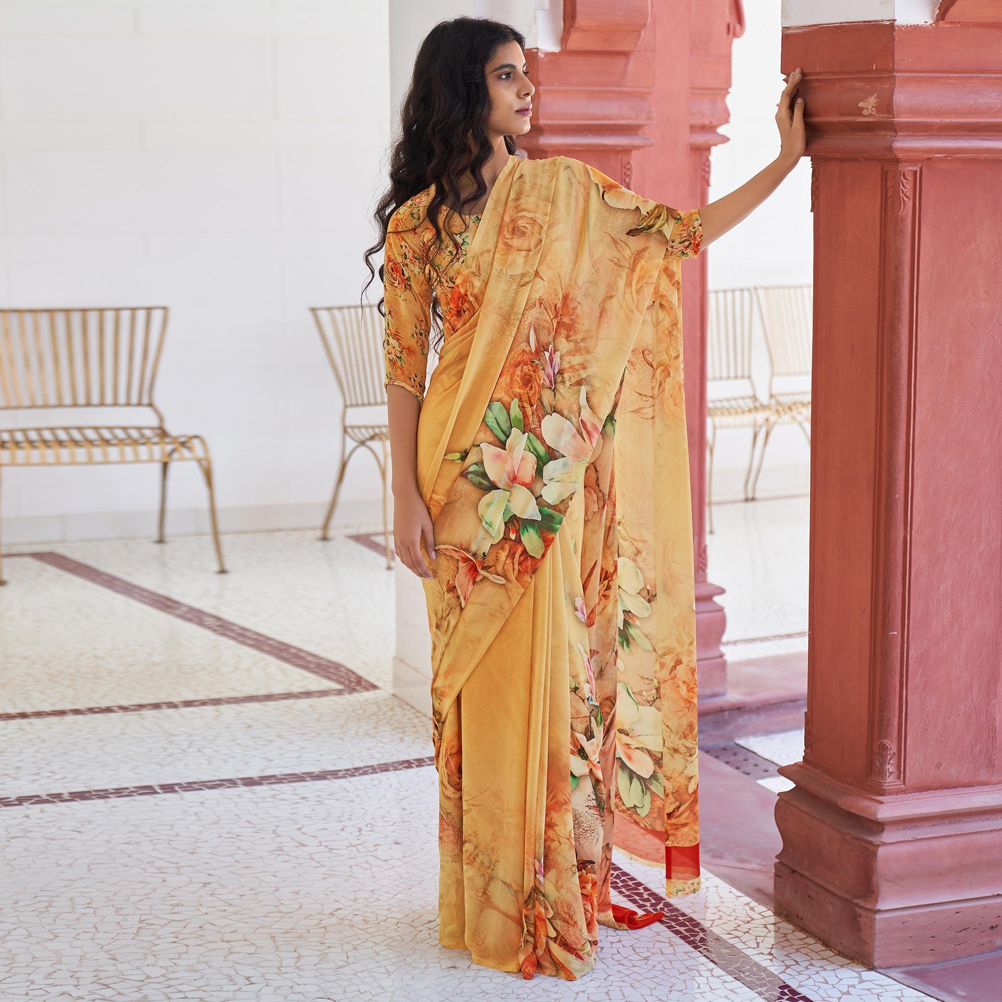 Yellow Casual Wear Digital Printed Satin Georgette Saree - Peachmode