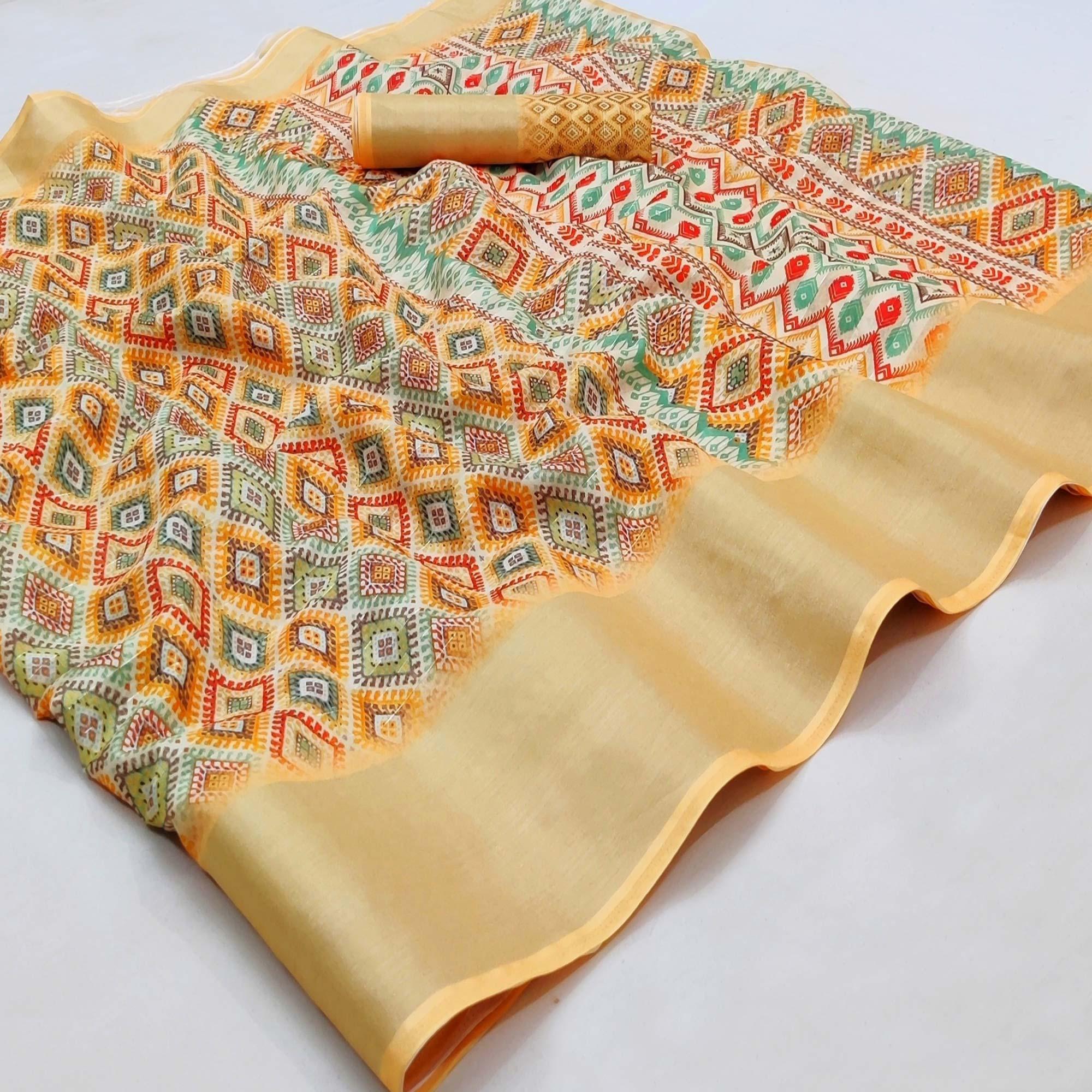 Yellow Casual Wear Digital Printed Silk Saree With jacquard Border - Peachmode