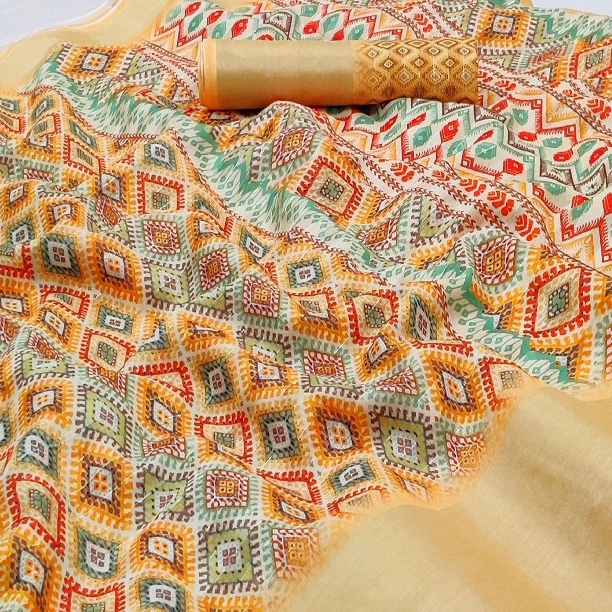 Yellow Casual Wear Digital Printed Silk Saree With jacquard Border - Peachmode