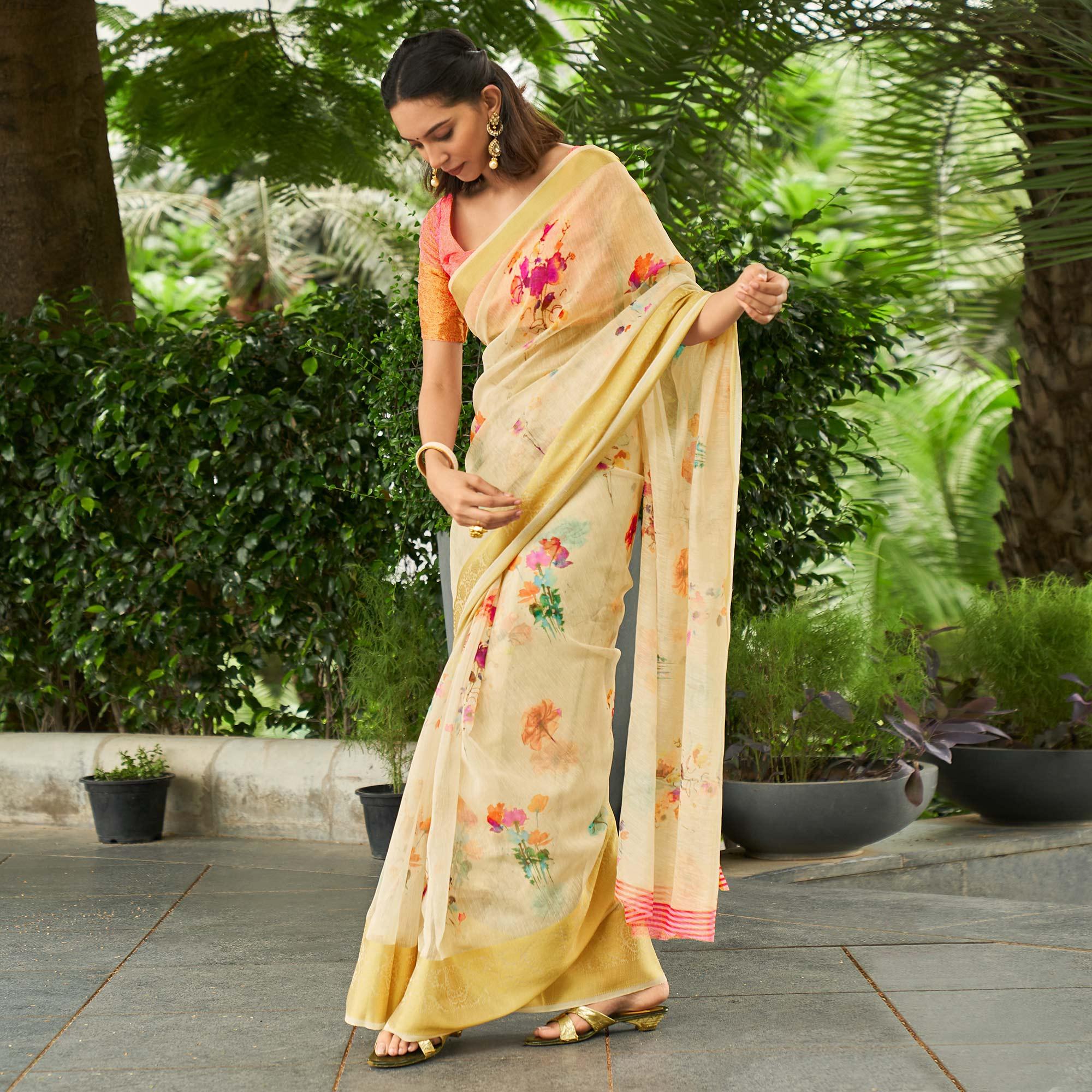 Yellow Casual Wear Digital Printed Soft Organza Saree - Peachmode