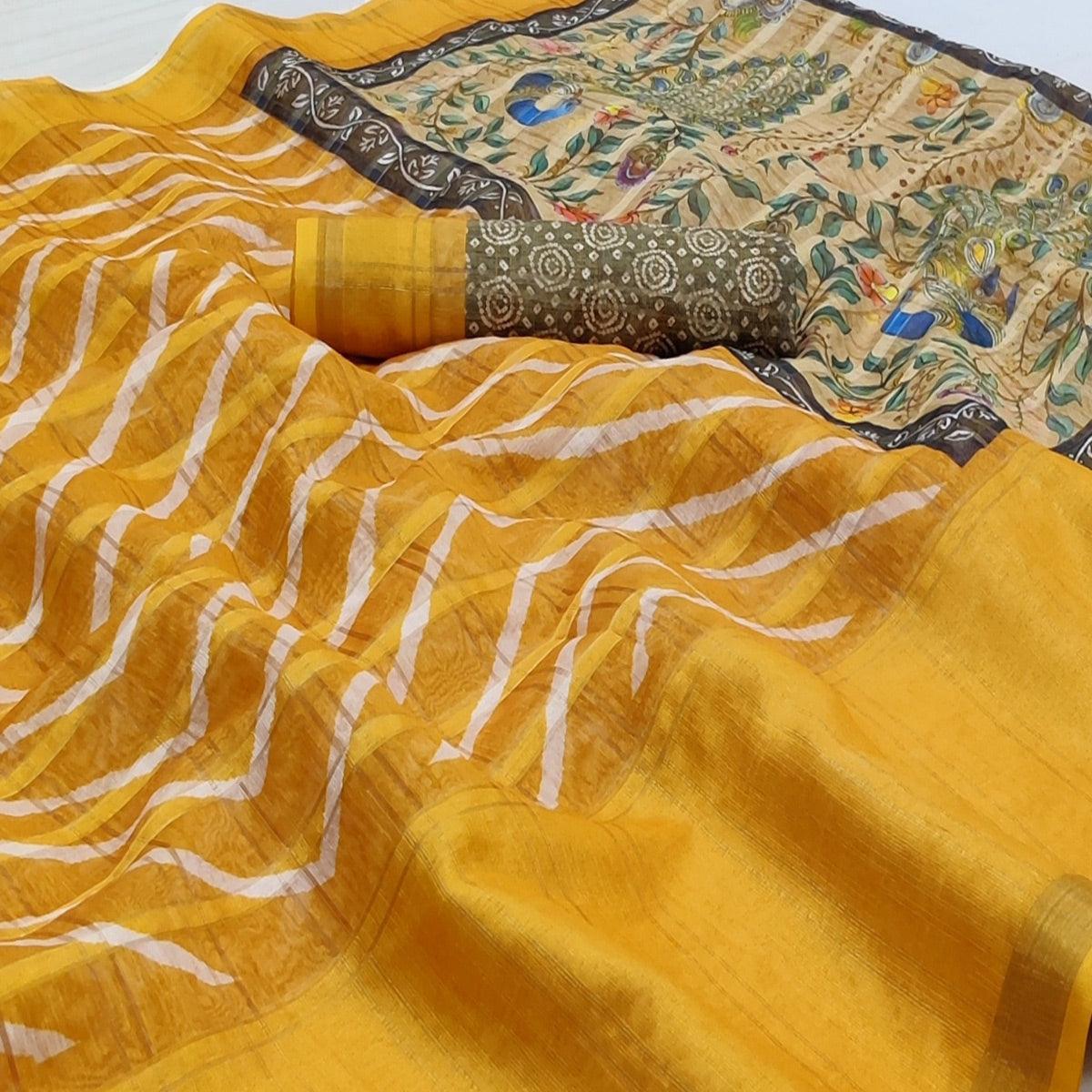 Yellow Casual Wear Digital Striped Printed Silk Saree With Jari Jacquard Border - Peachmode