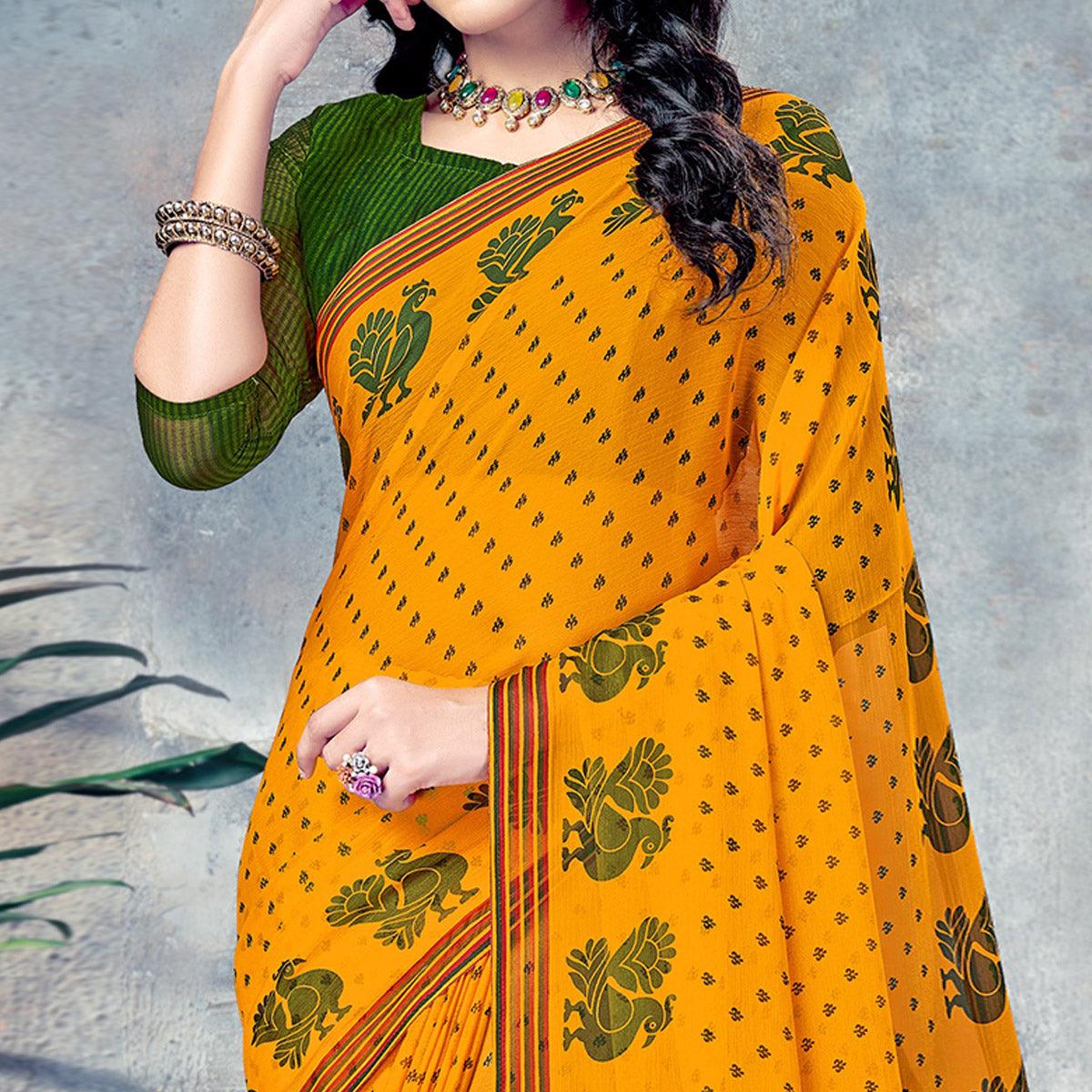 Yellow Casual Wear Dotted Printed Chiffon Saree - Peachmode