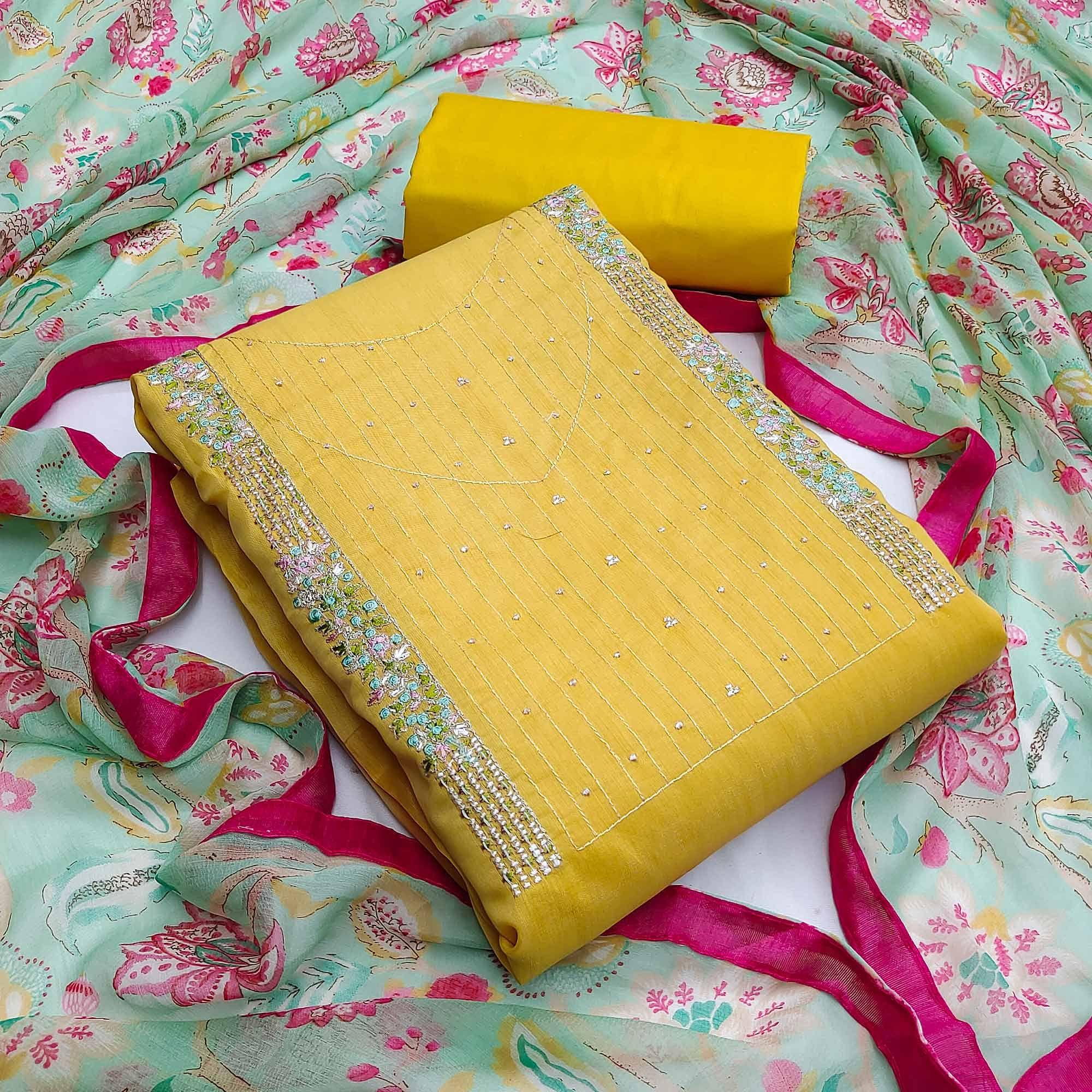 Yellow Casual Wear Embroidered Chanderi Cotton Dress Material - Peachmode