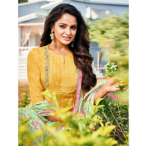 Yellow Casual Wear Embroidered Chanderi Cotton Dress Material - Peachmode