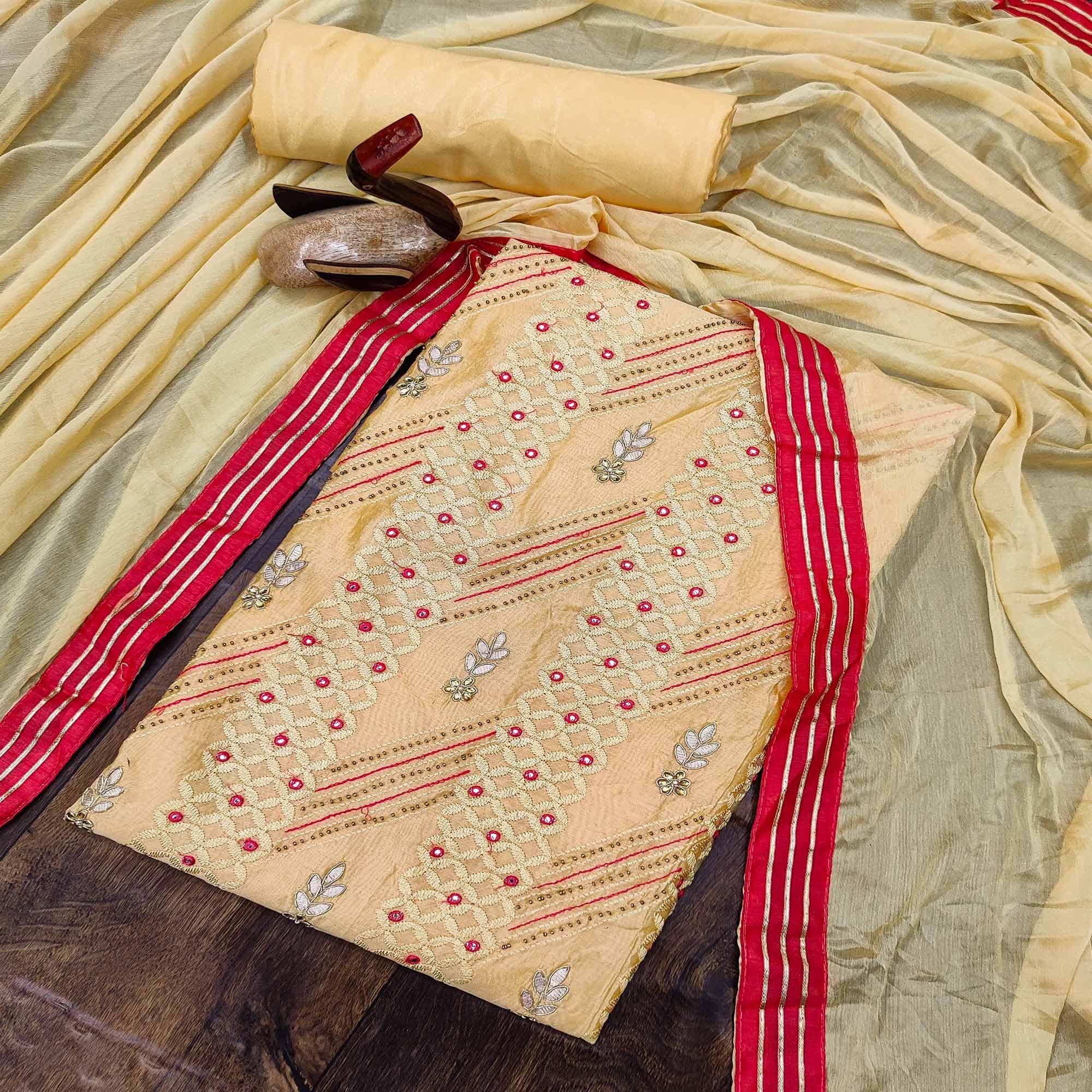 Yellow Casual Wear Embroidered Chanderi Dress Material - Peachmode